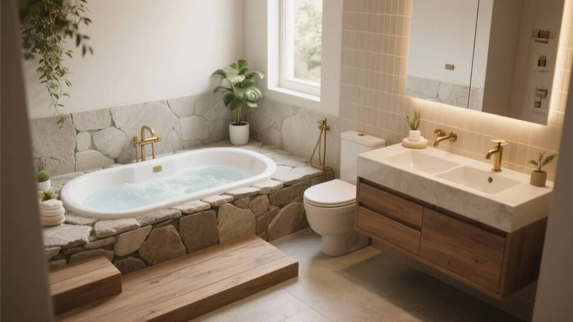 Warm-toned tiny bathroom with oak vanity, stone tub deck, and porcelain tiles around a jacuzzi.