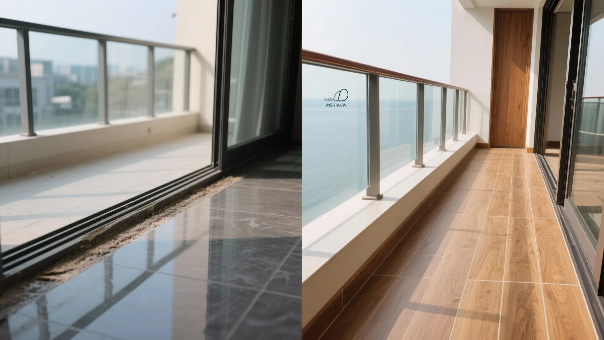 Before-and-after view of a balcony threshold showing improved continuity with wood-look porcelain and matching engineered wood.