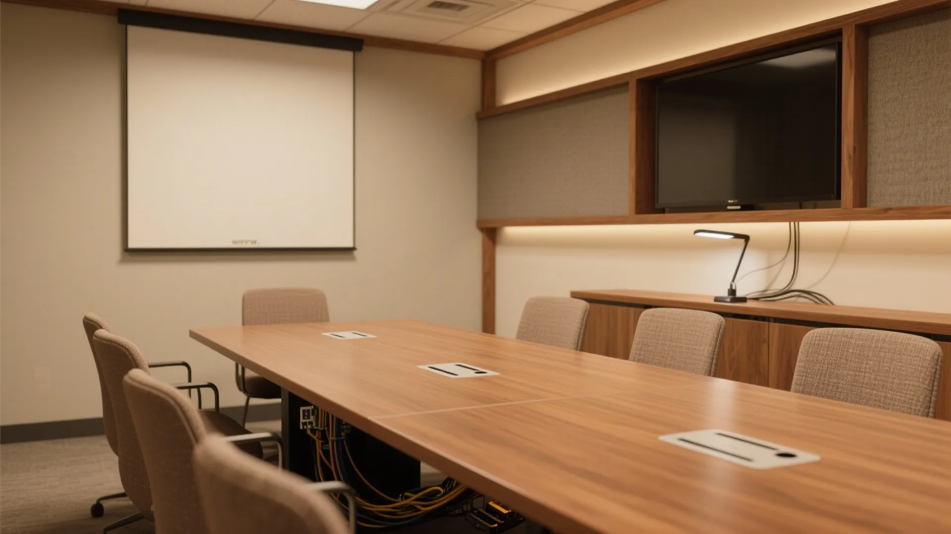 5) Warm materials + integrated cable discipline