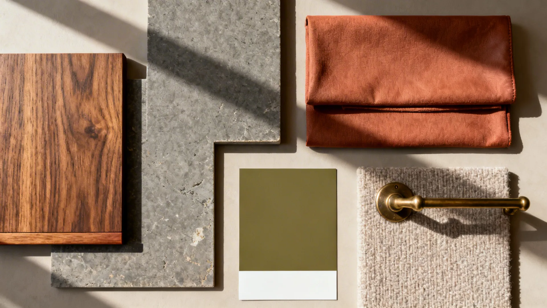 Flat lay of walnut, honed stone, olive paint, terracotta fabric, bronze hardware, and acoustic textile.