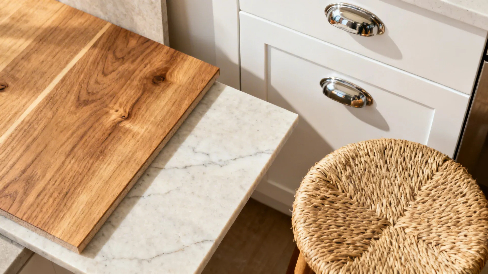 Wood board on marble countertop next to white cabinets and a round woven straw stool