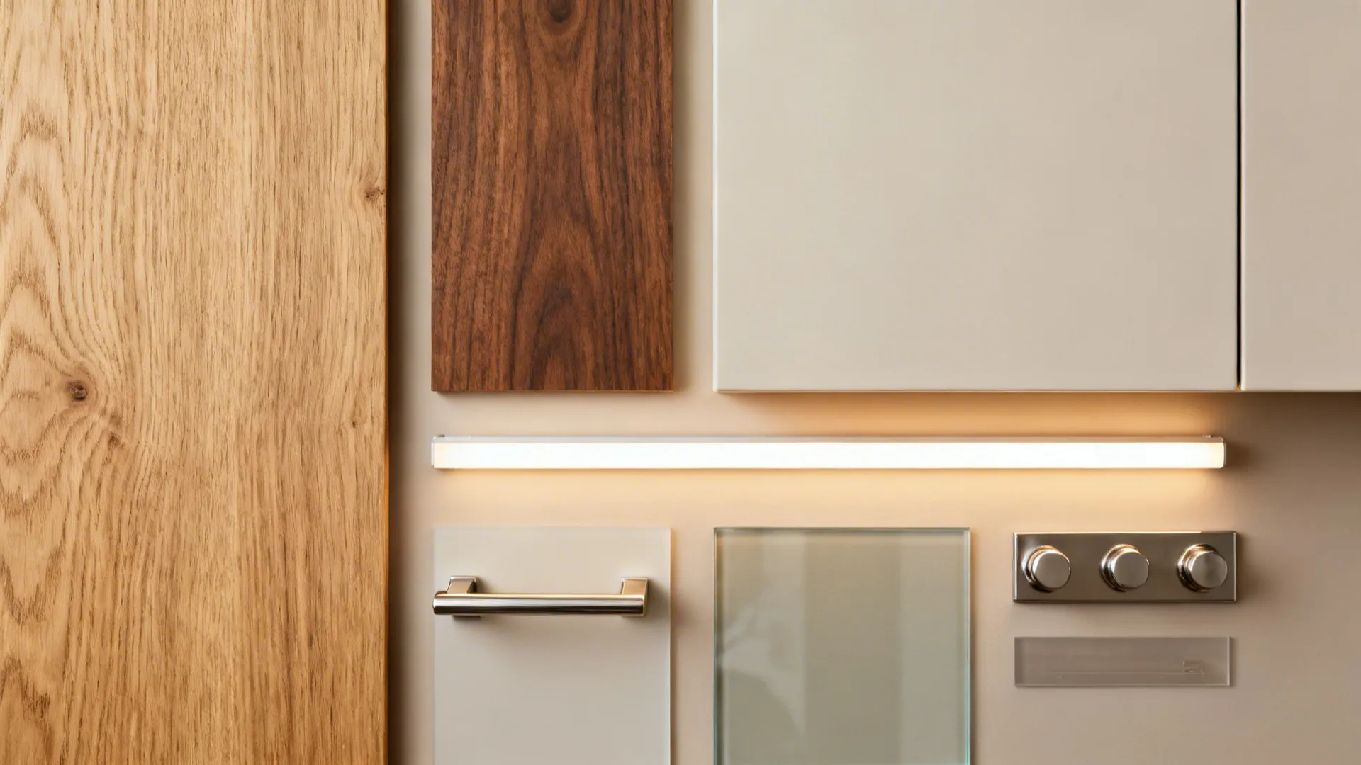 Flatlay of rift oak, walnut, pale cabinet finish, glass, and satin nickel hardware samples.