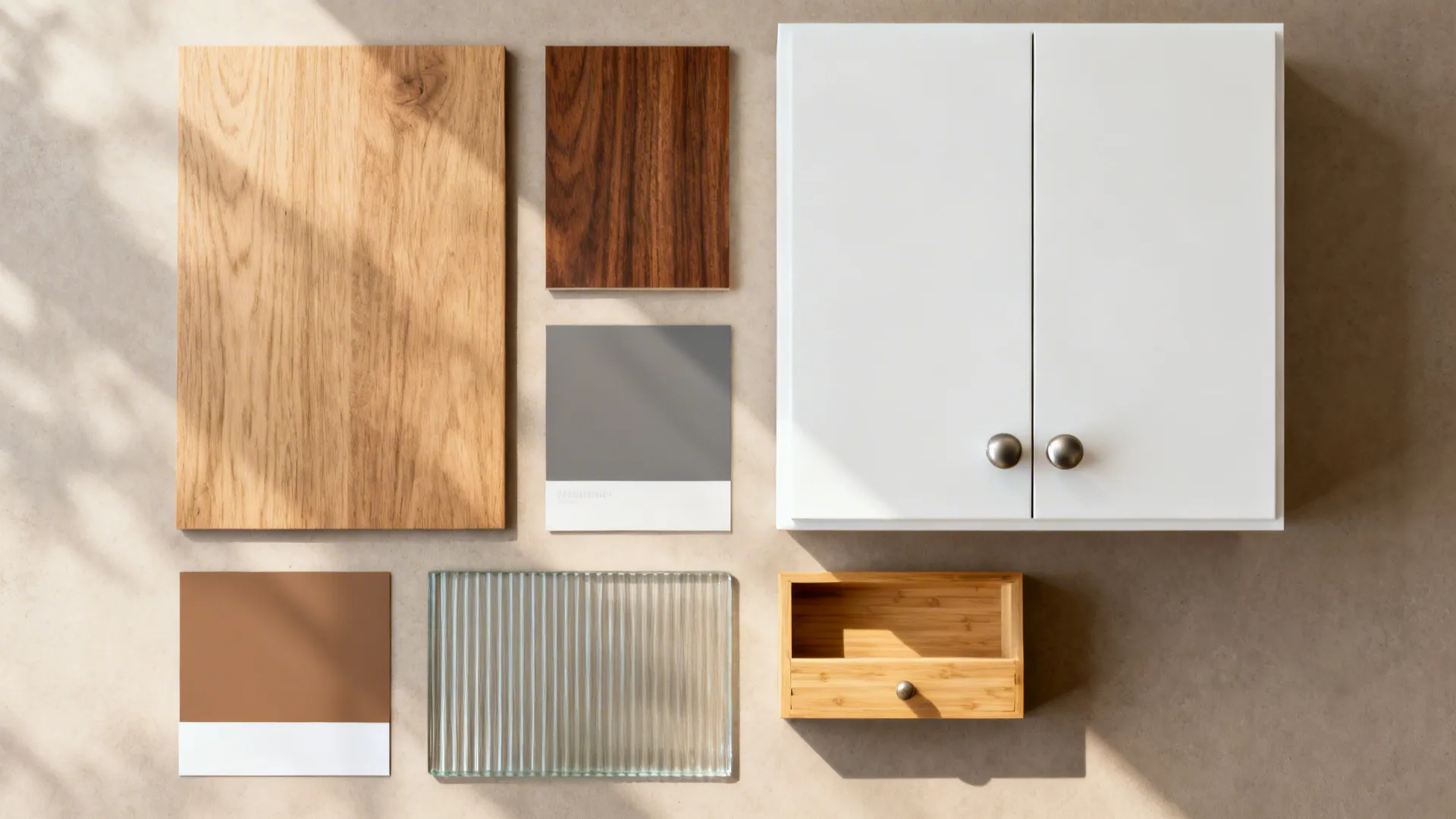 Flat-lay of oak and walnut veneers, warm gray paint, white cabinet sample, ribbed glass, and brushed metal hardware.