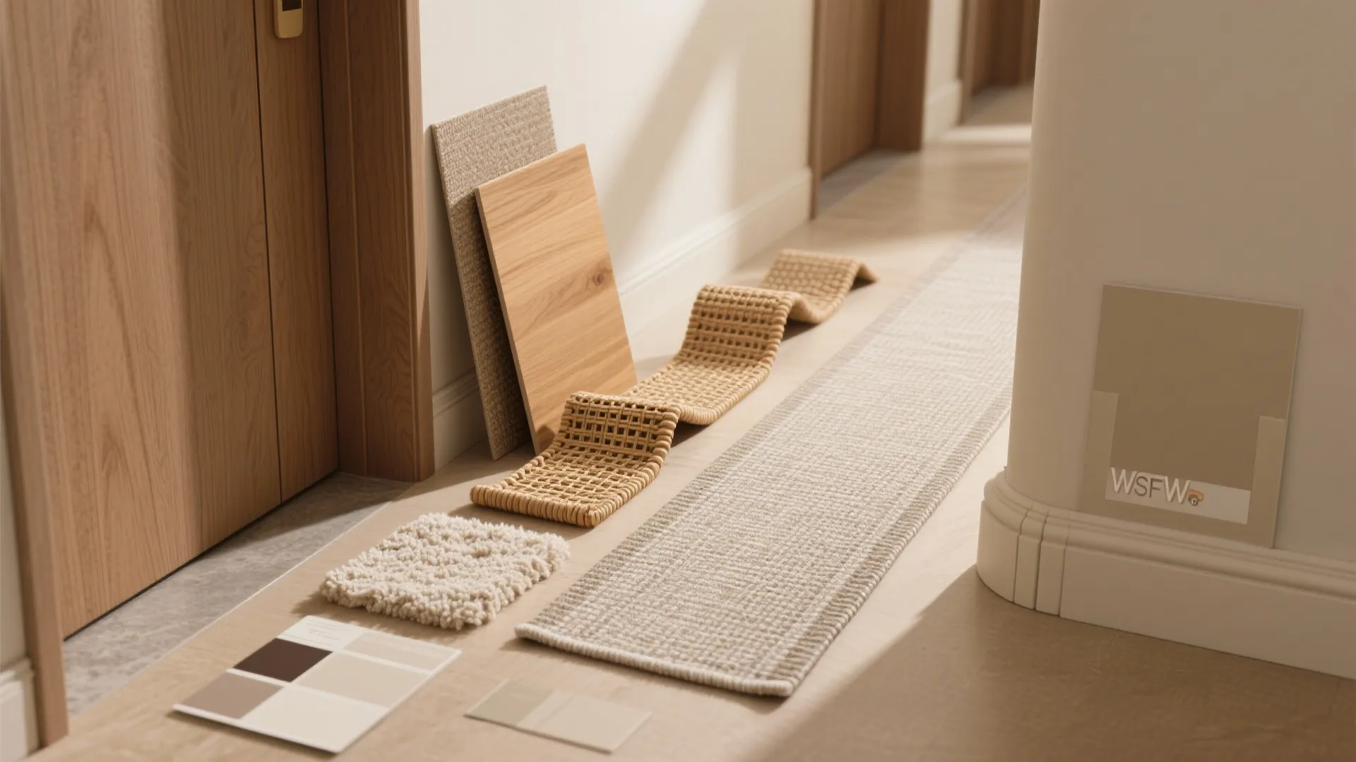Interior design material samples featuring wood panels, fabric swatches, color cards, and textured woven rugs