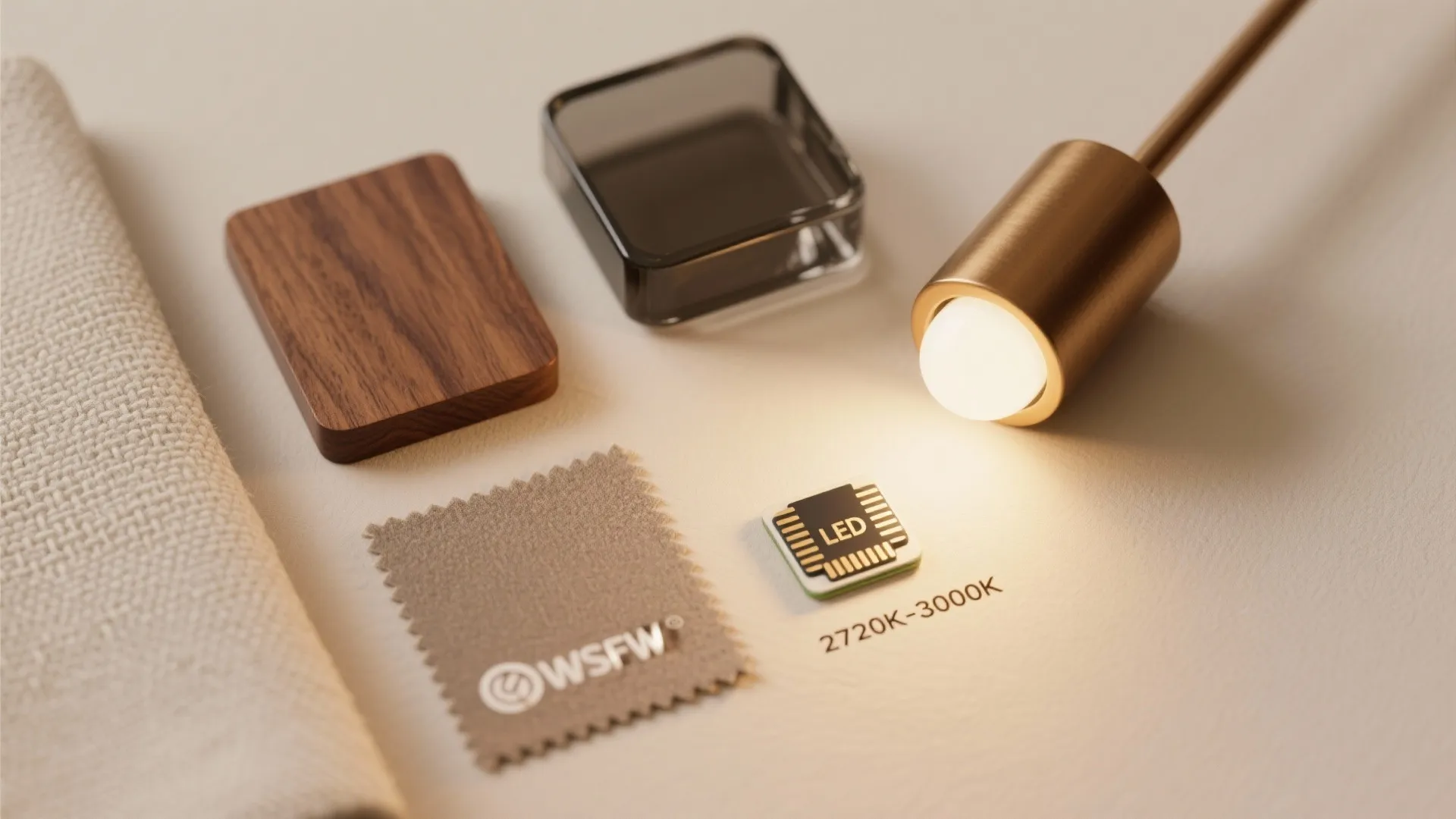 4) Warm materials: linen, wood, and smoked glass