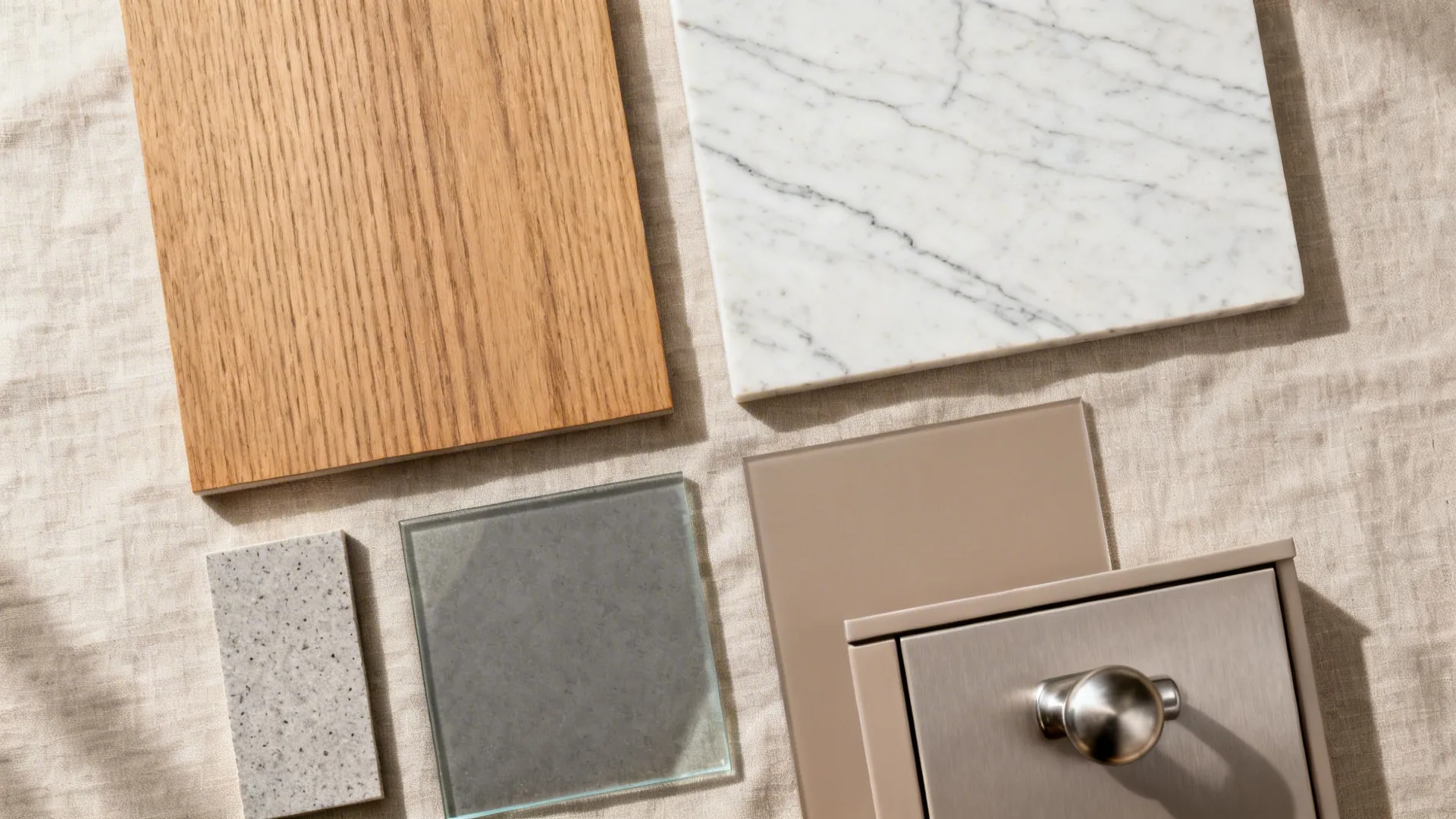 Flat lay of rift oak laminate, quartz, sintered stone, tempered glass, and hardware in warm neutrals.