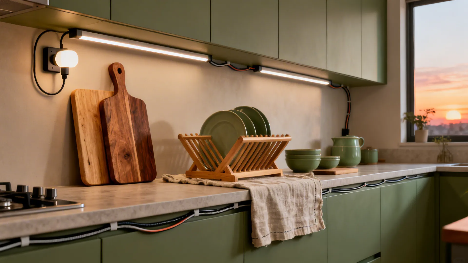 Warm wood accents, linen textiles, and plug-in lighting create a cozy renter kitchen.