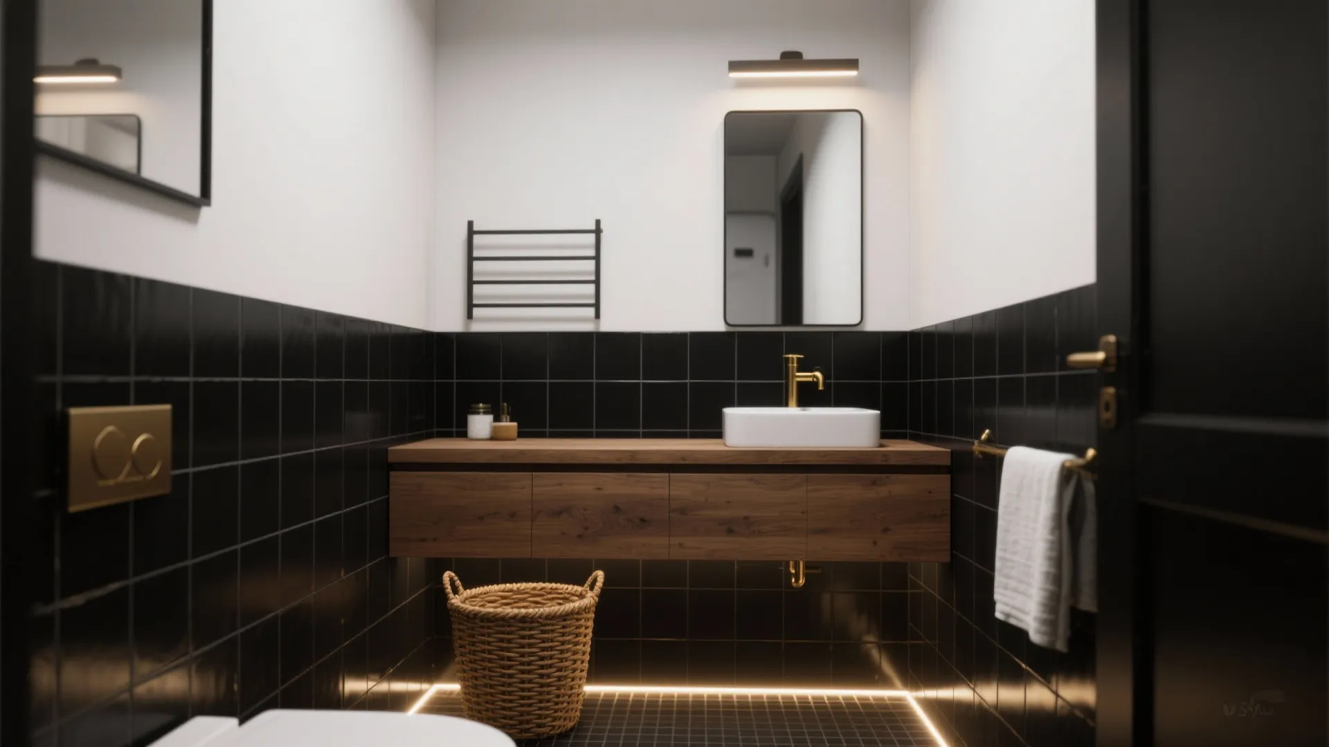Modern bathroom with black wall tiles wood cabinet white sink gold faucet and wall light