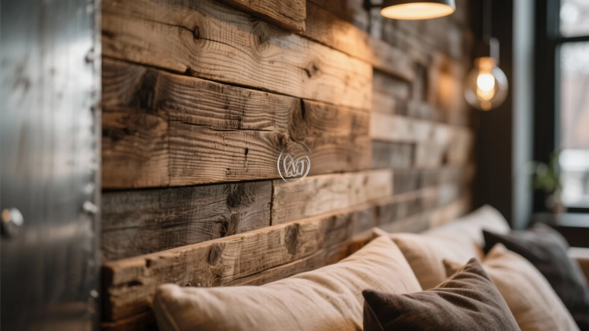 Close up view of rustic wood wall panel with warm light fixtures and soft pillows