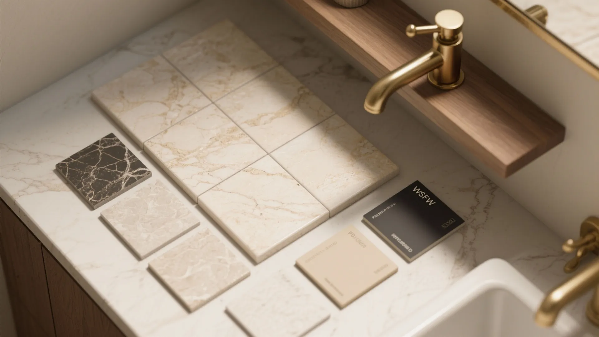 Warm Materials: Porcelain That Looks Like Stone, Brass, and Real Wood Accents