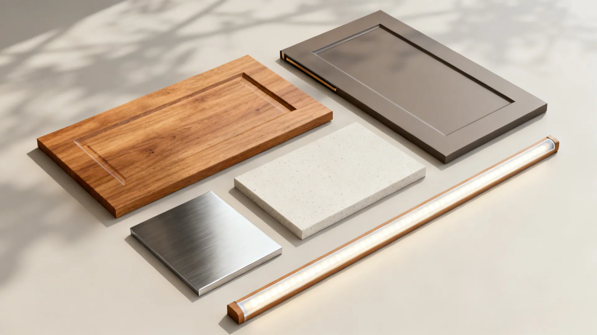 Interior design materials including wood cabinet doors stone samples metal tile and a light fixture