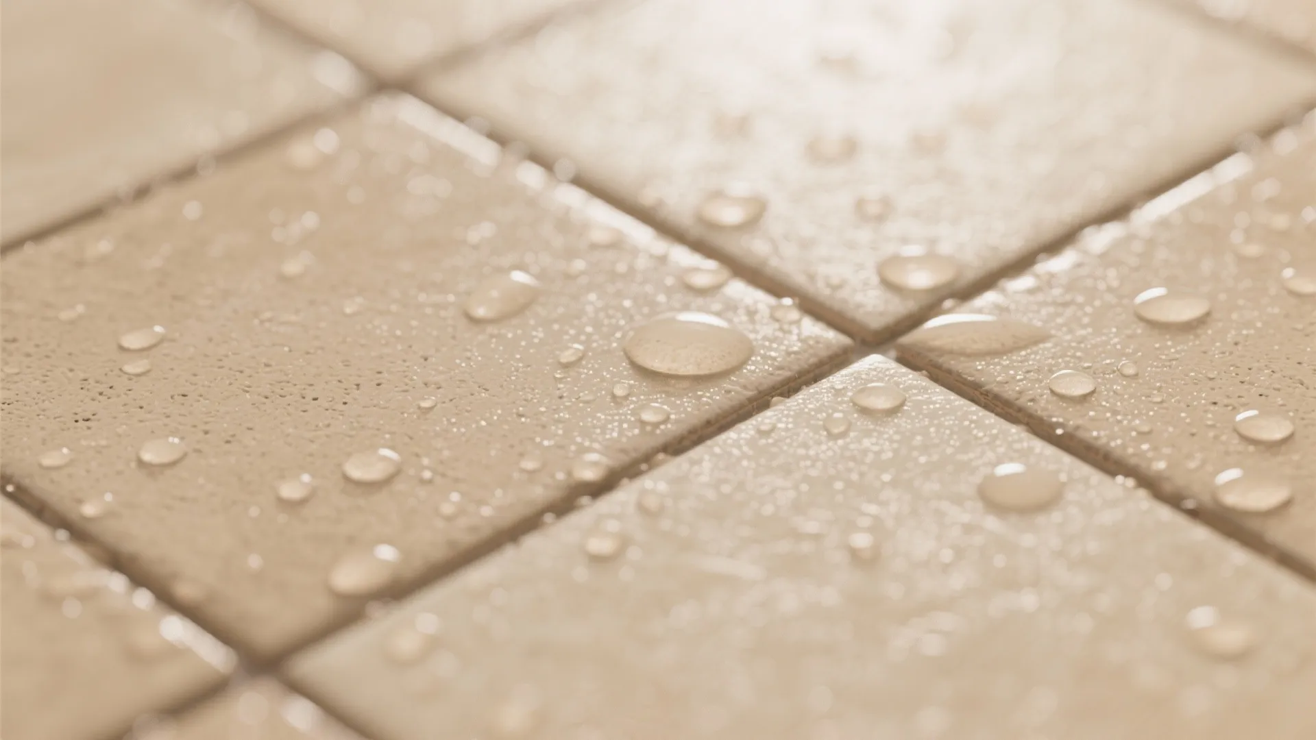 Close up view of water droplets on beige bathroom floor tiles with matte finish surface