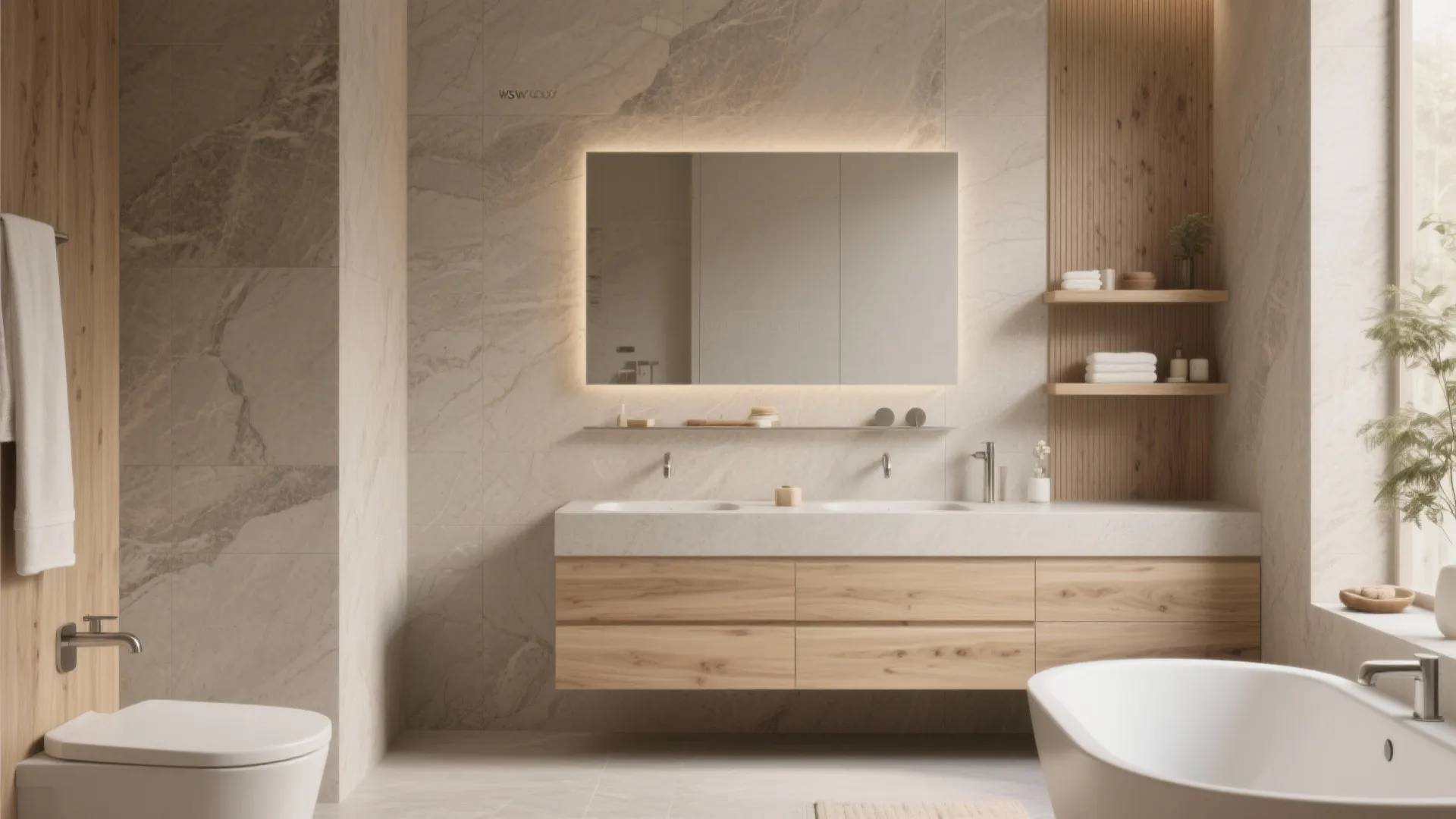 Spa-like bathroom with warm neutral matte stone-look porcelain walls and wood-look accents under soft daylight.