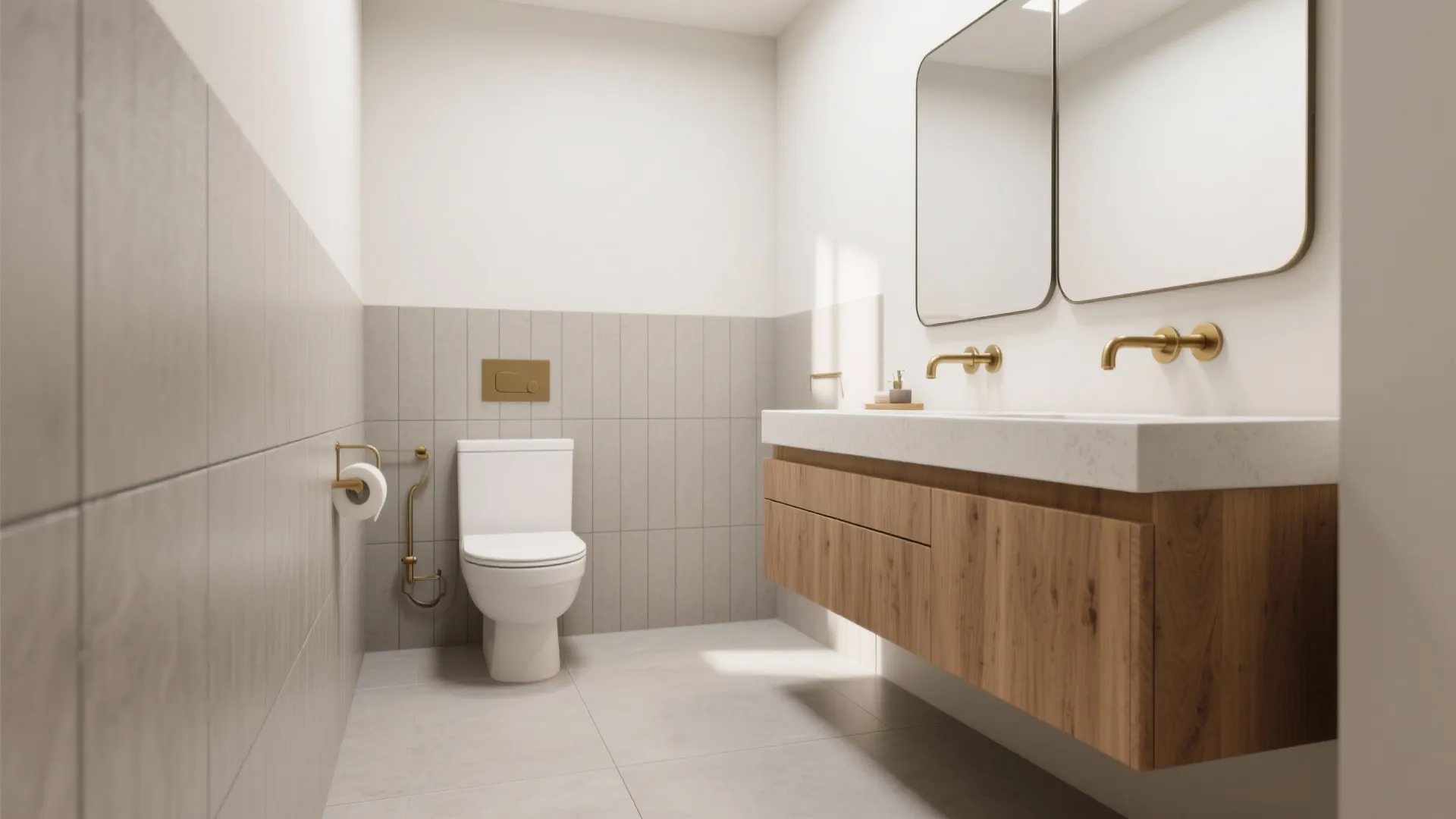 Modern bathroom interior design drawing with white toilet wooden cabinet gold faucets and two mirrors