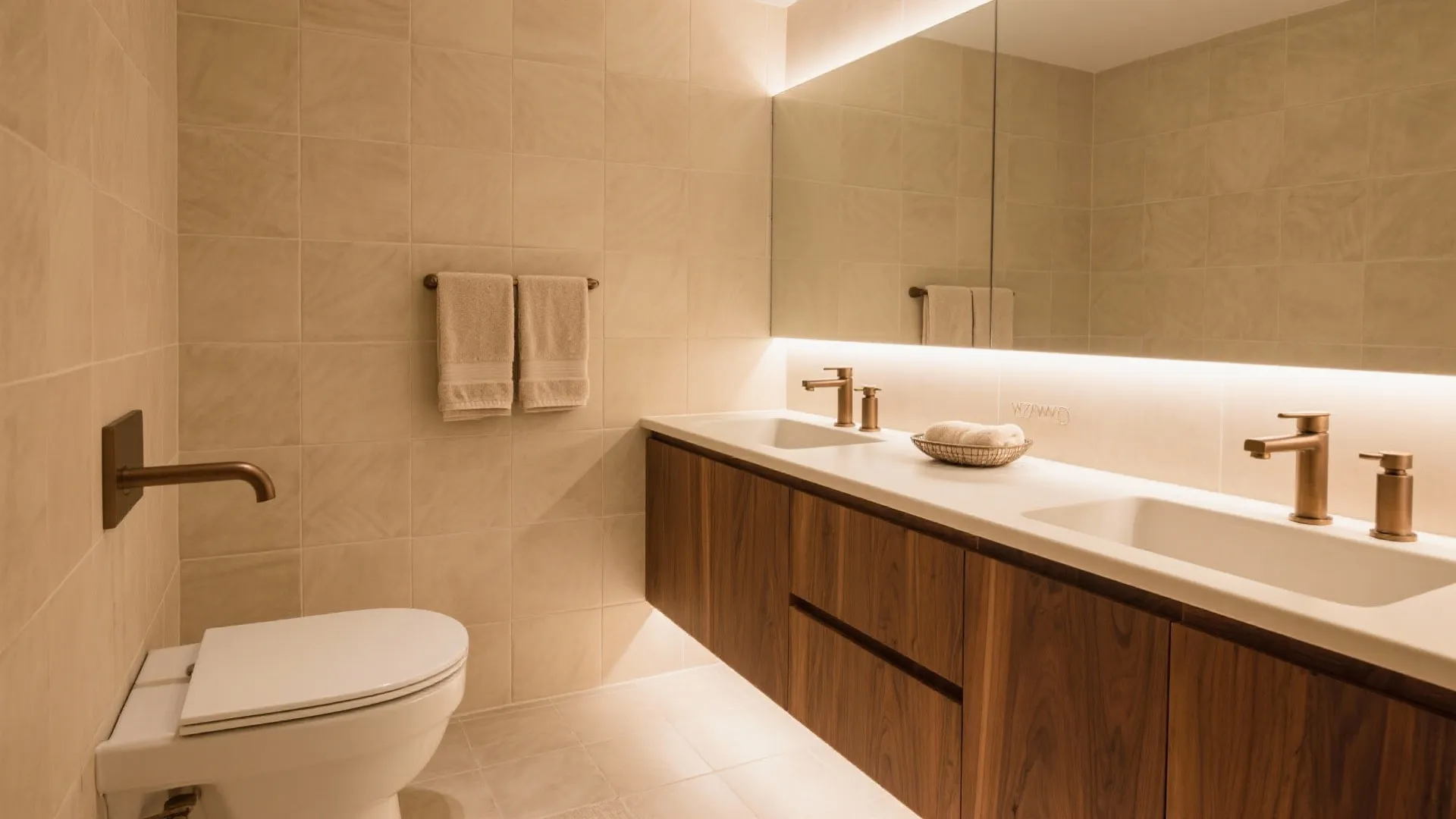 Sand-beige matte tiles with a walnut vanity and warm layered lighting in a small bath.
