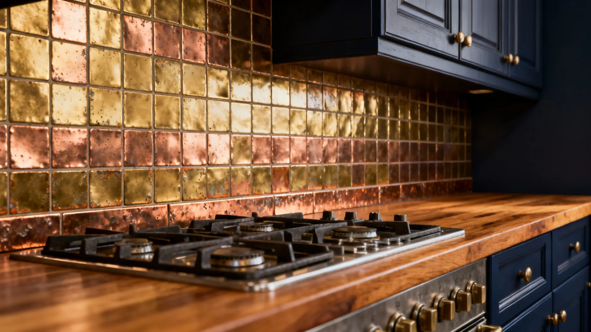 Brass and copper accent strip backsplash with warm patina beside dark cabinets and wood countertops.