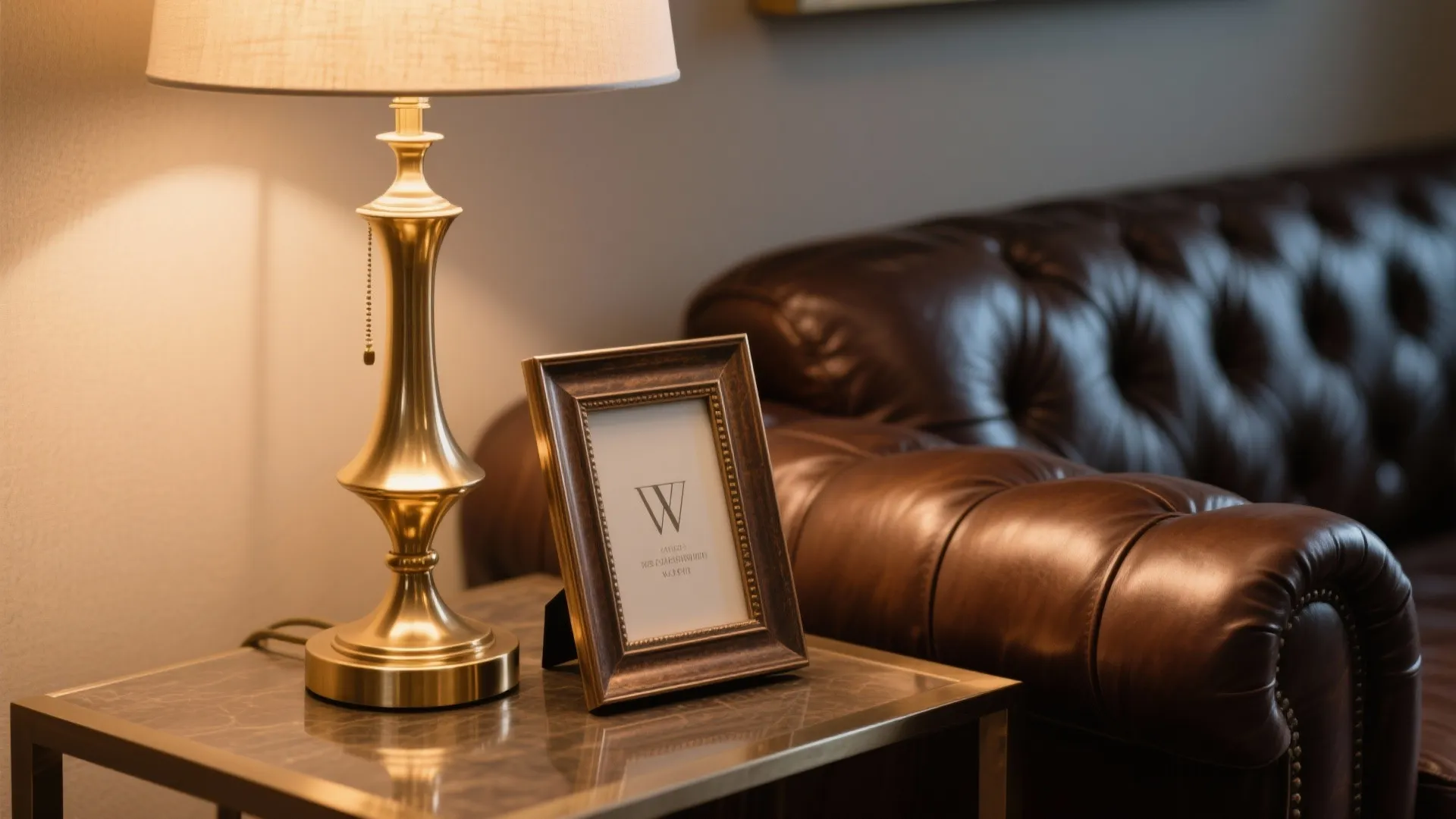 Brushed gold lamp and bronze frame next to dark brown sofa