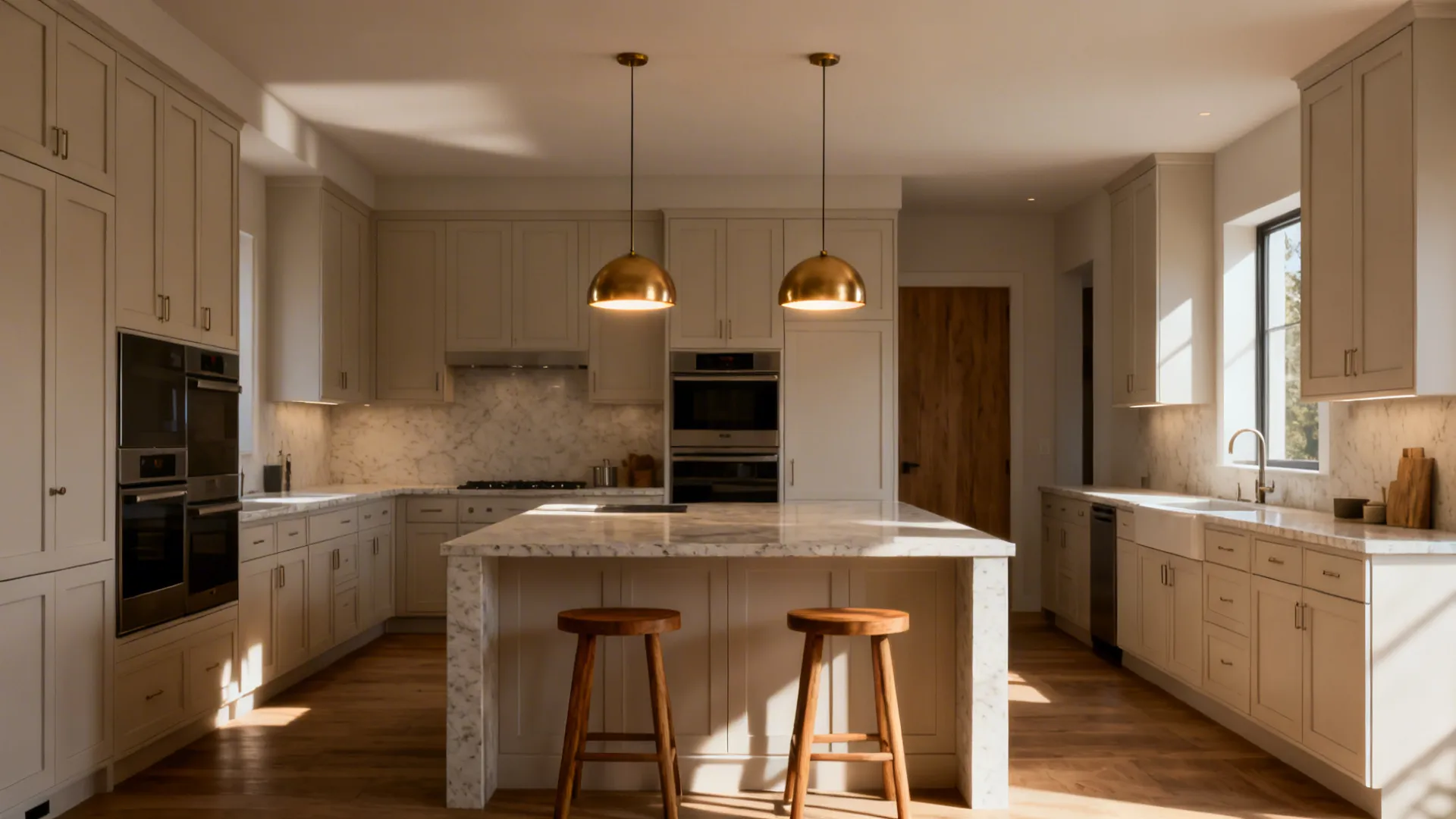 Bright kitchen featuring white cabinets marble island two gold ceiling lights wooden stools and natural sunlight