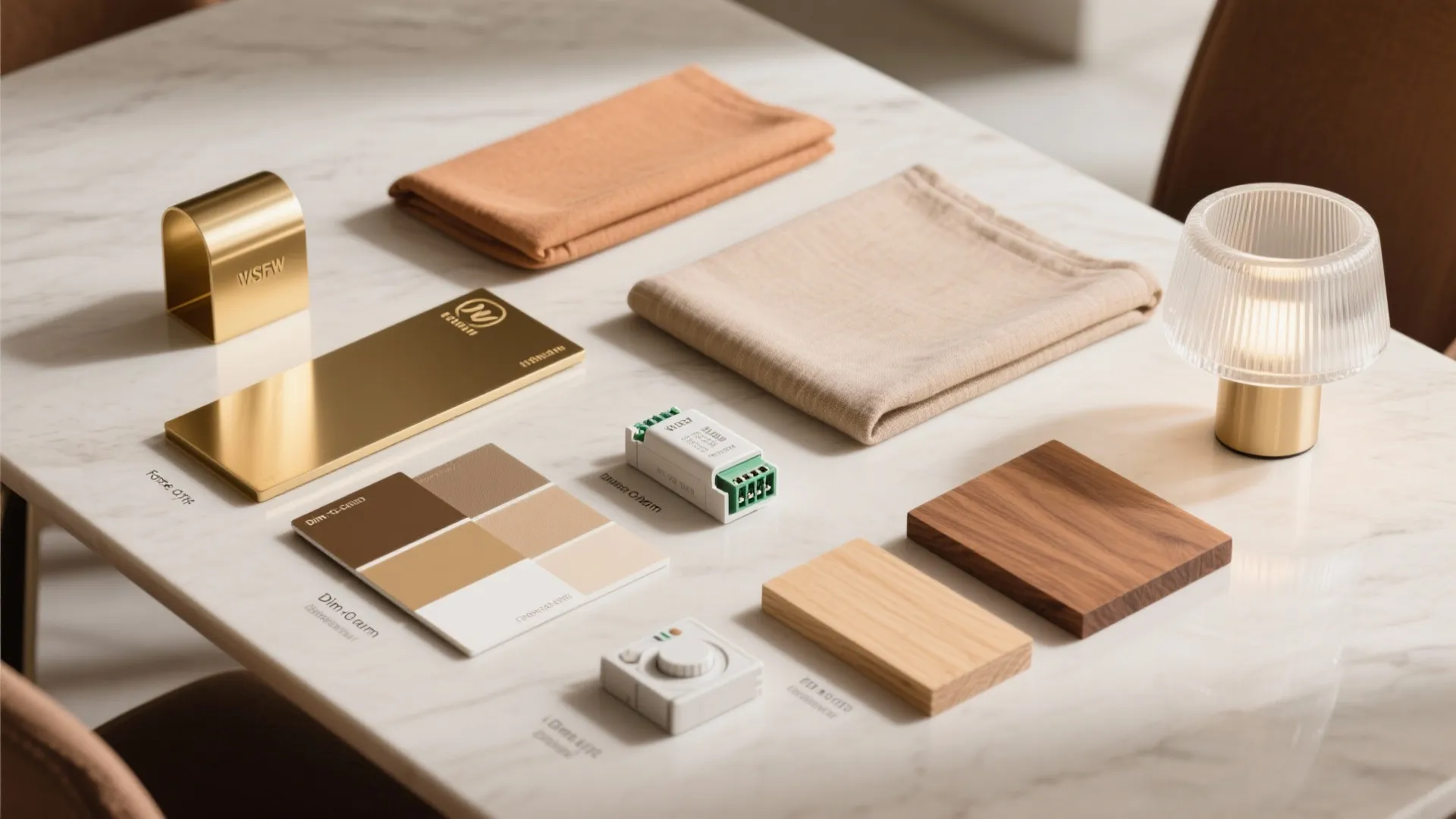 Flatlay of brass finishes, oak wood, warm fabrics, frosted glass, and dim-to-warm LED components.