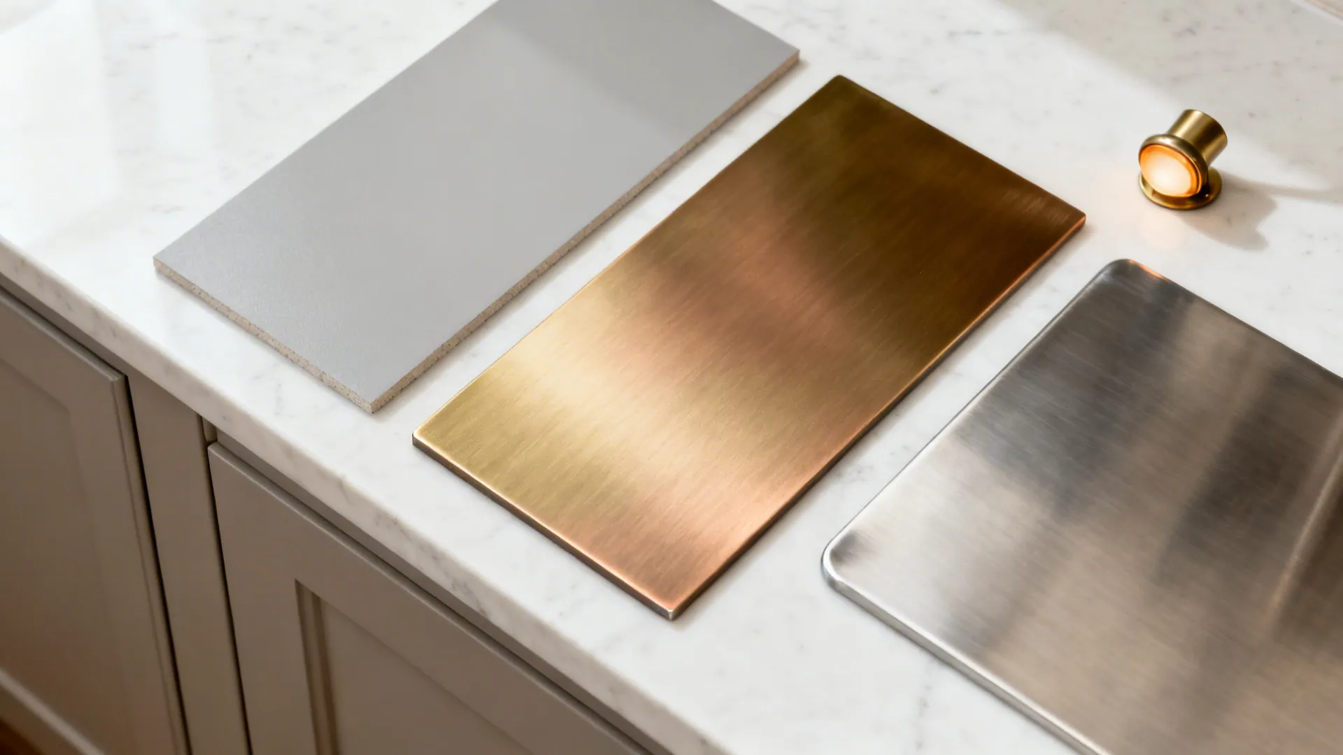 Top-down mixed metals flatlay with brushed brass, champagne bronze, quartz, and stainless samples.