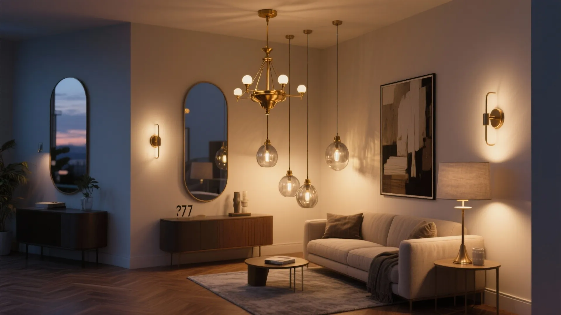 Modern living room with gold ceiling light warm wall light white sofa and grey carpet