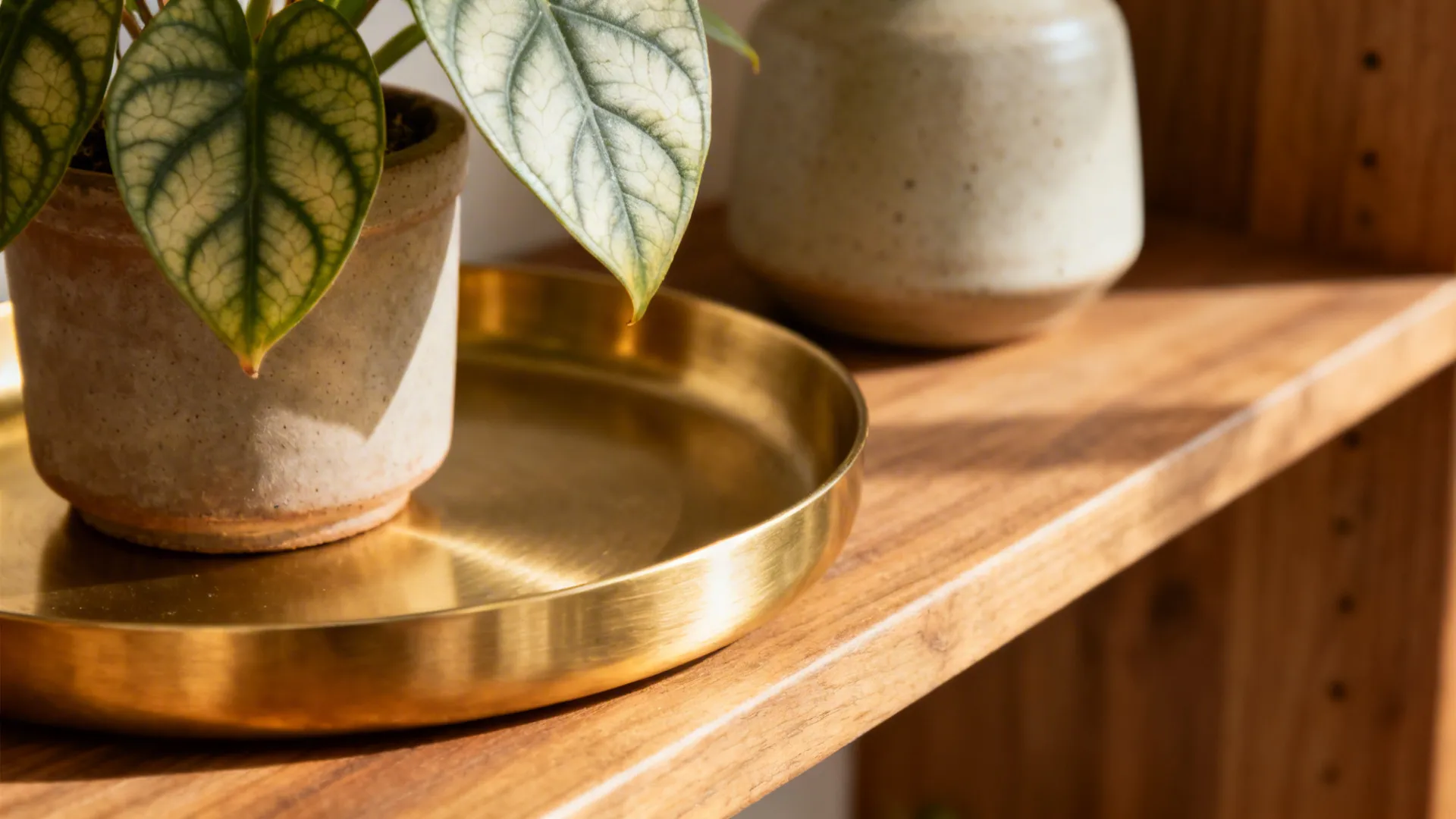 Close-up of brushed brass tray with plant and ceramic on an oak shelf.