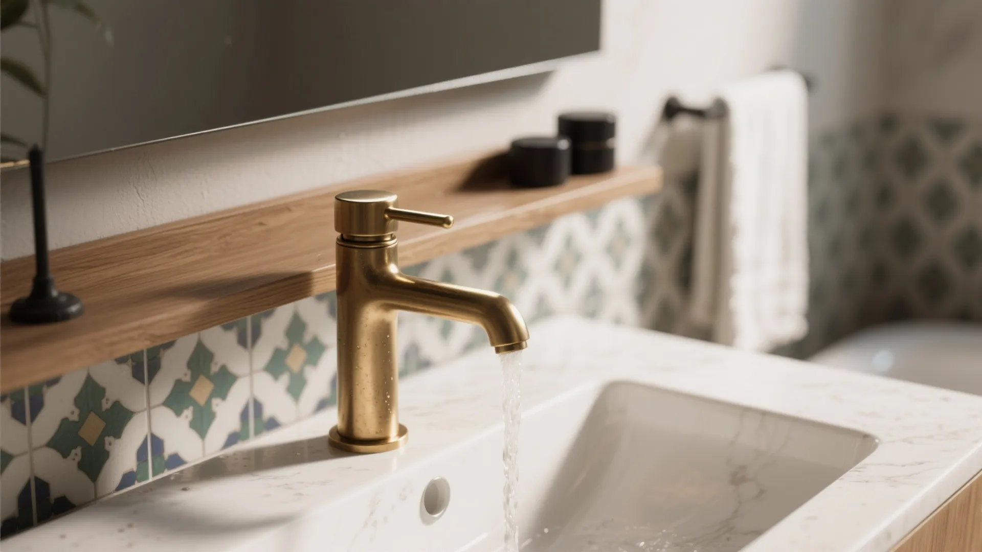 Modern bathroom sink featuring gold water tap with running water and patterned wall tile design