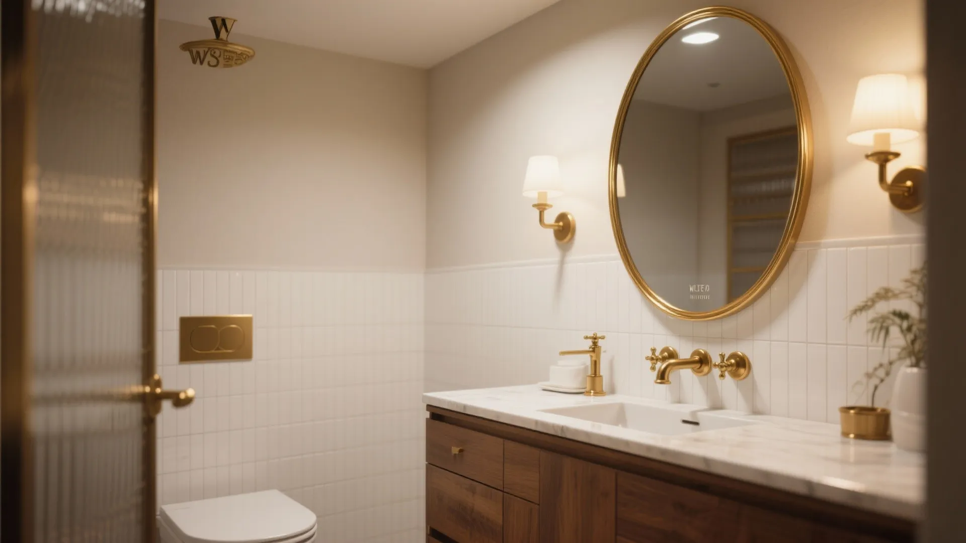 Elegant bathroom with gold light fixture gold round mirror wooden cabinet white tile wall and sink
