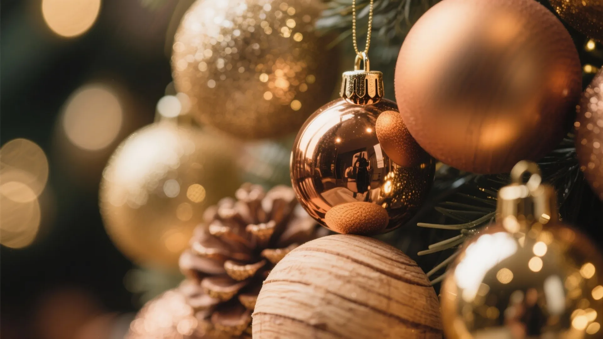 Gold and copper Christmas accents beautifully layered with wood textures