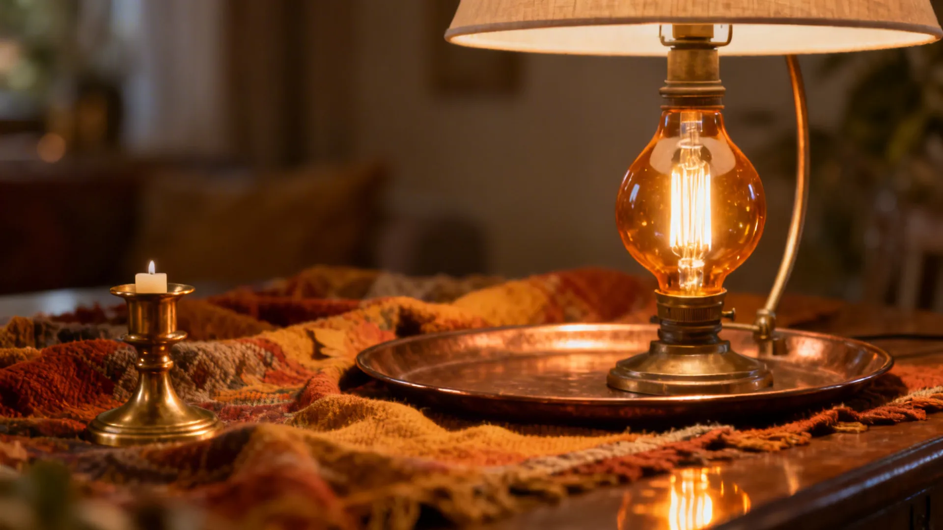 Warm brass accents and an amber-toned lamp casting cozy light over autumn decor.