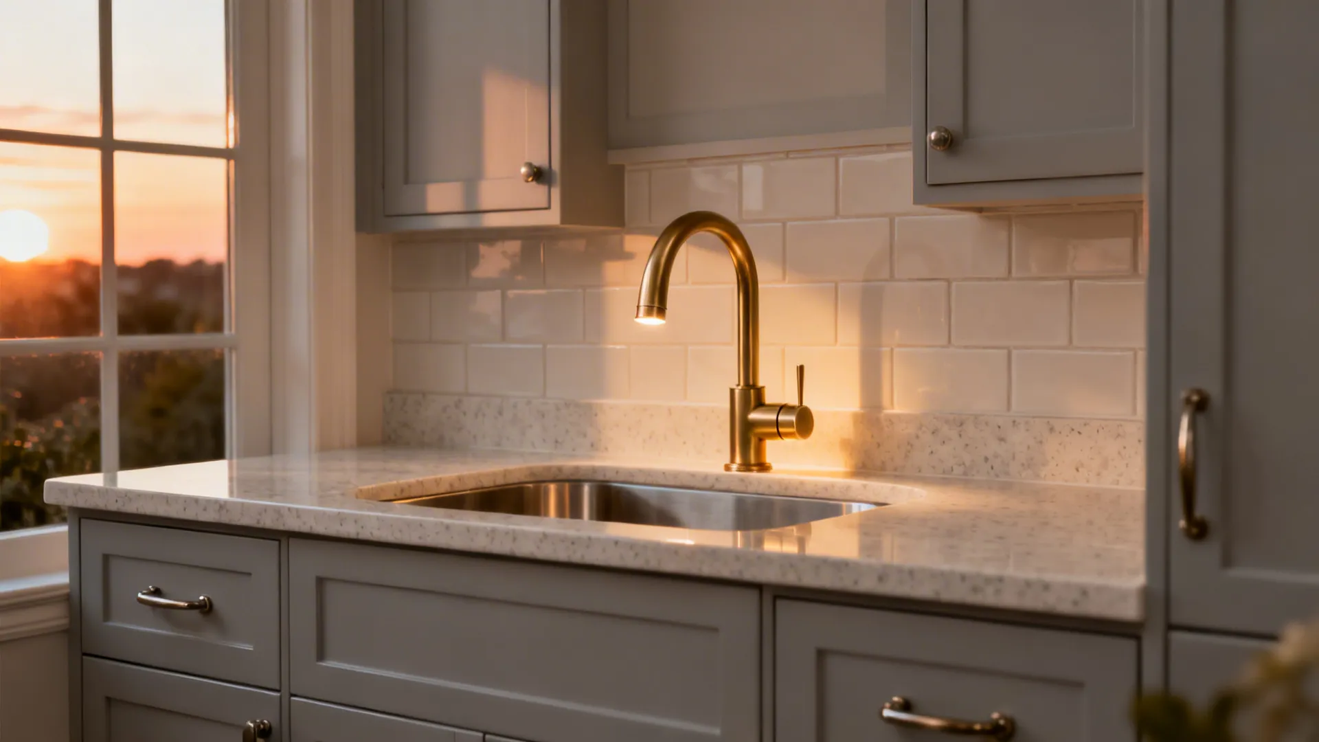 Small kitchen sink with a champagne bronze faucet paired with pale gray cabinets and quartz.
