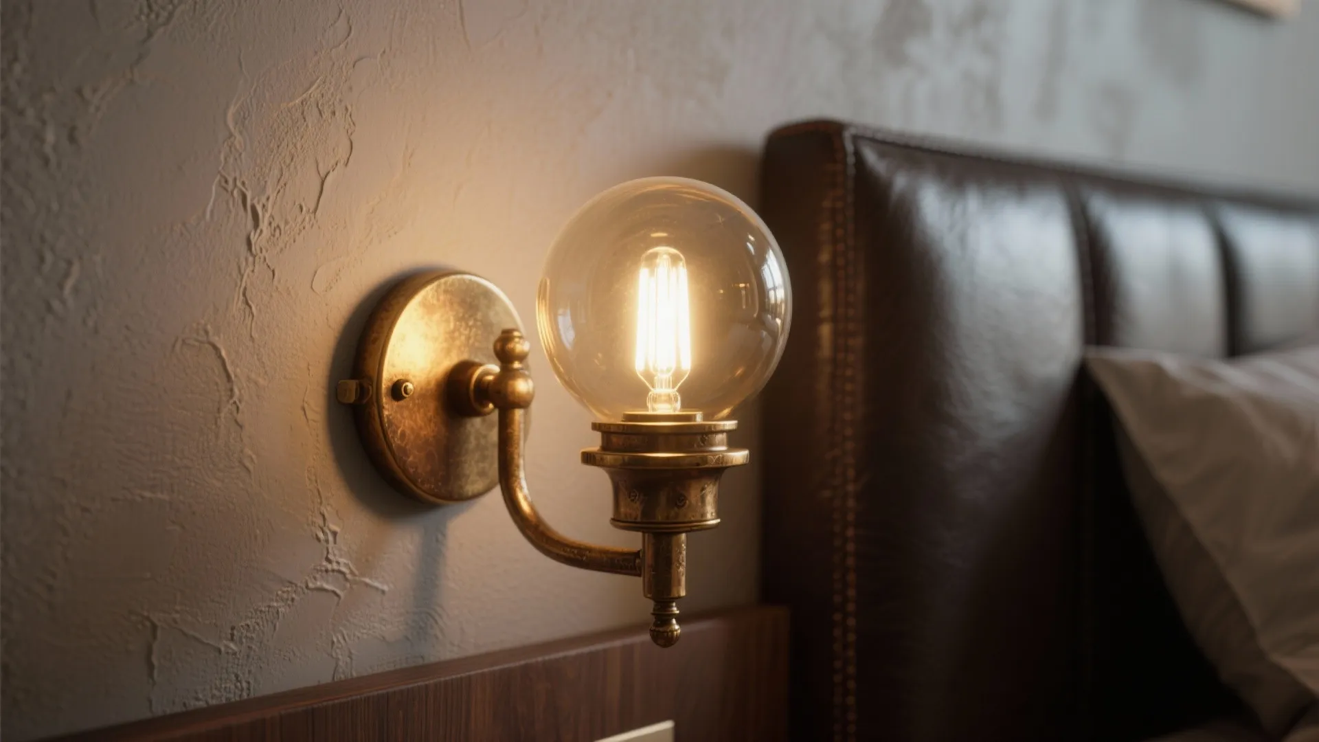 Brass wall sconce and aged bronze fixture details with warm light and textured wall.