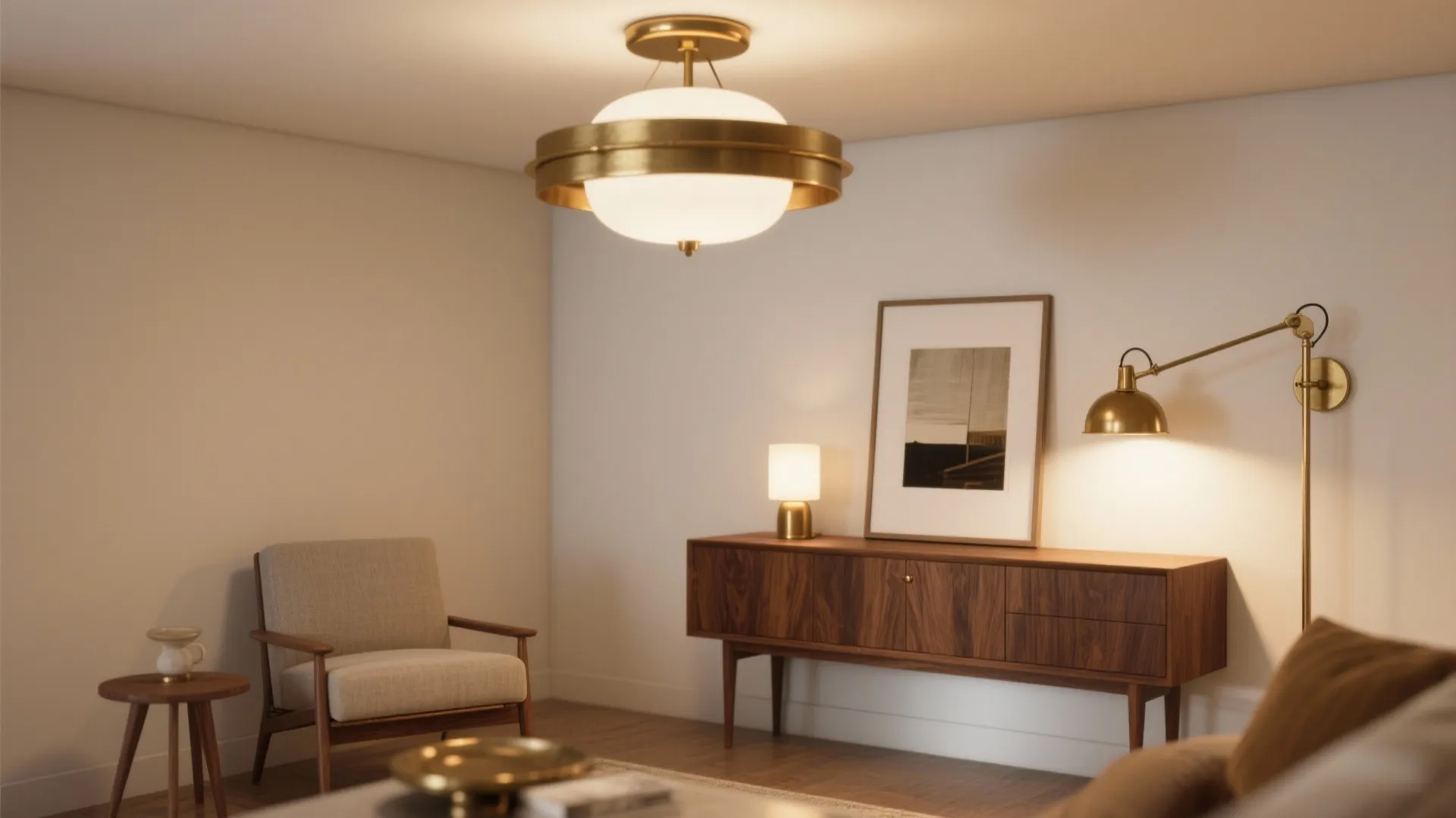 Modern living room corner with gold ceiling light wooden cabinet armchair and a wall light