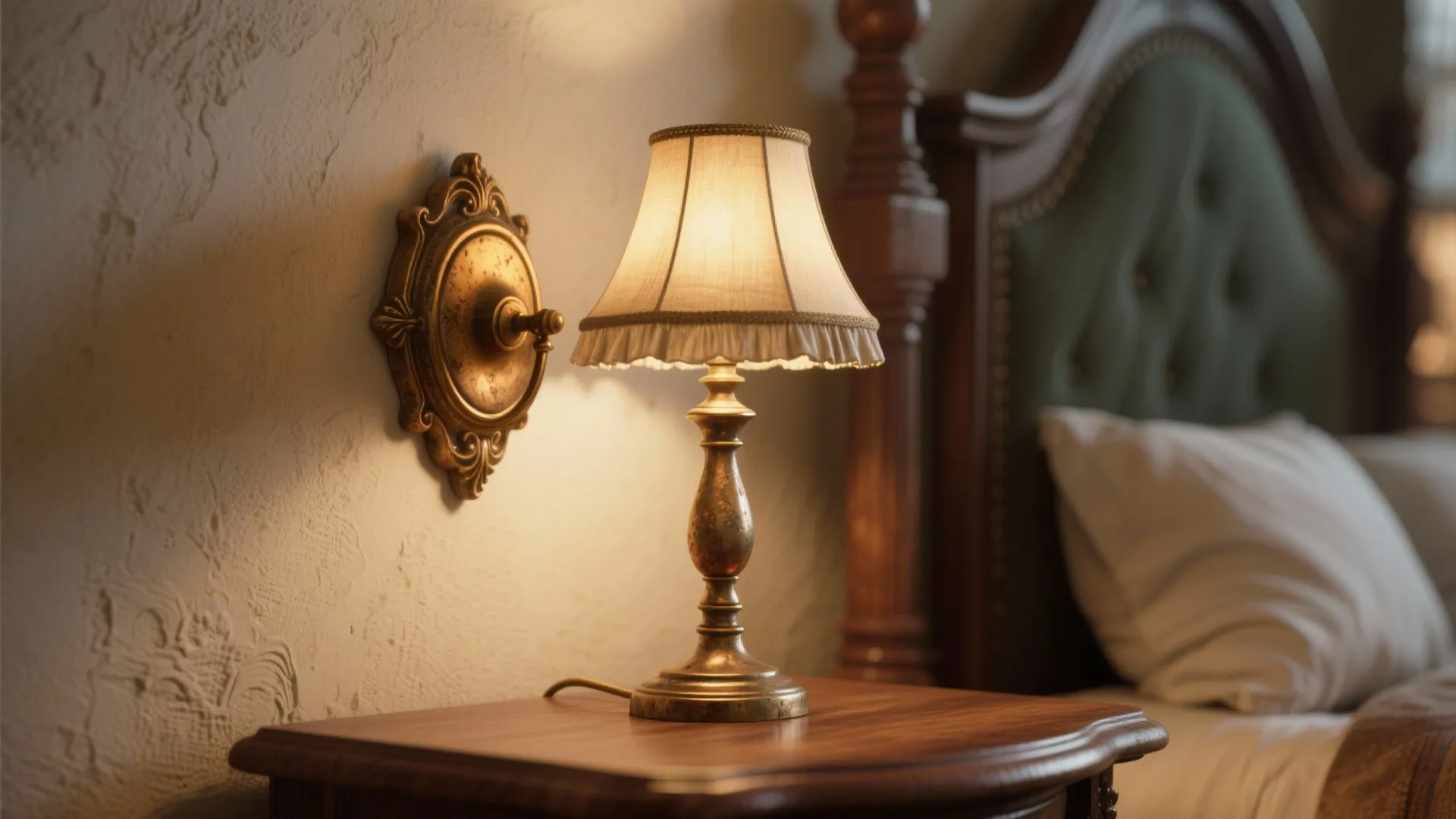 Vintage metal table lamp and wall light glowing on a bedside table in a bedroom