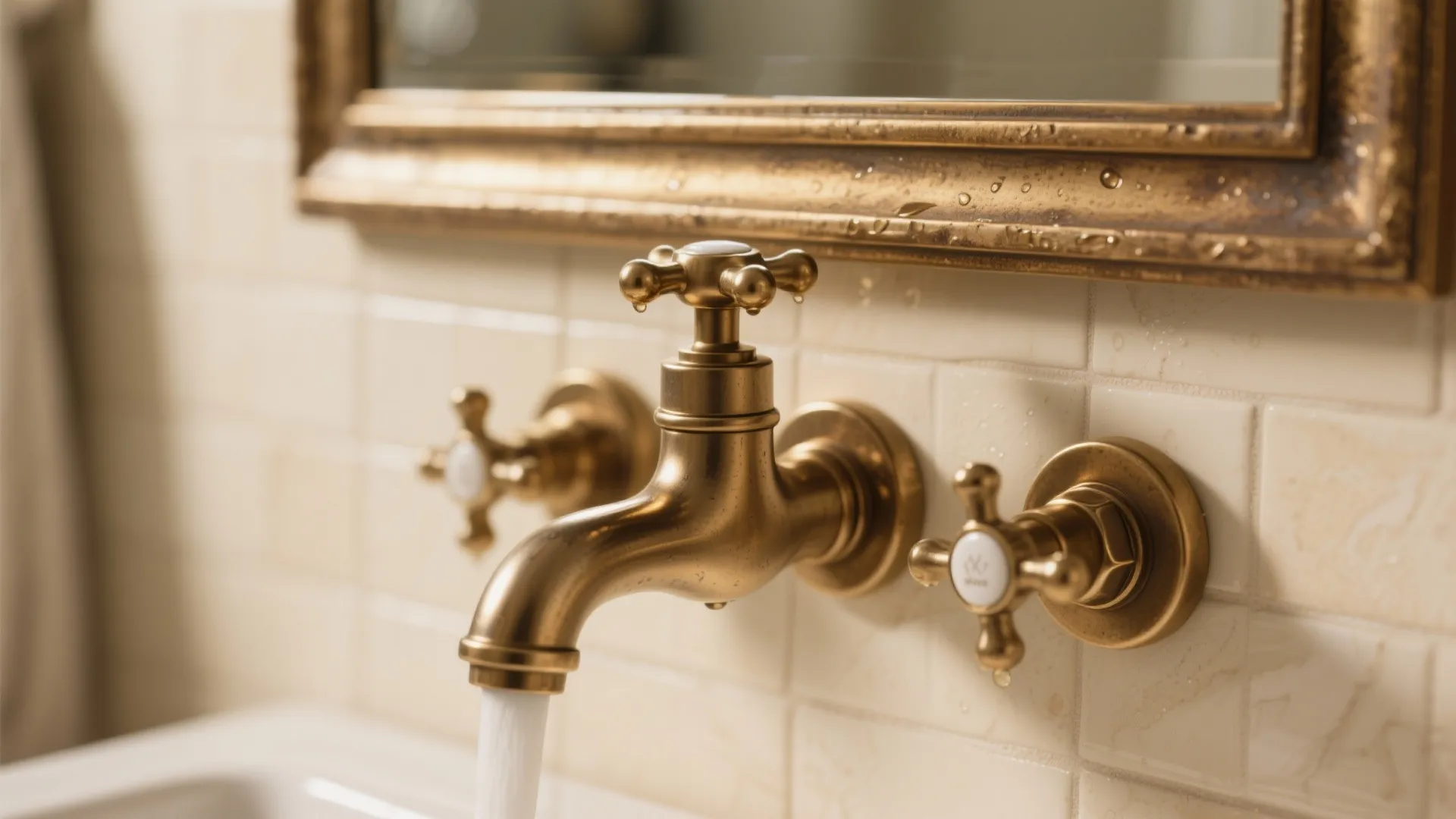 Gold water tap on white tiled wall with running water and a matching gold mirror