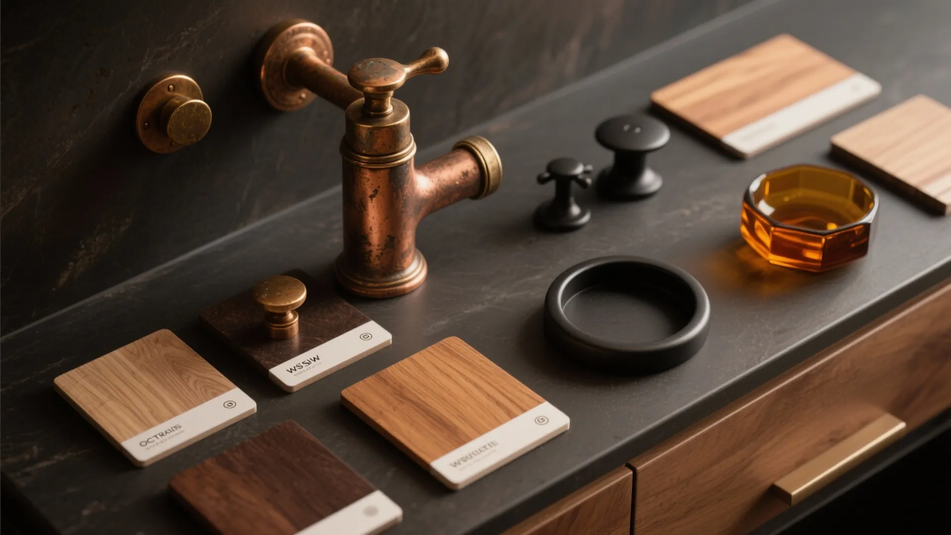 Warm metals and warm woods to soften the drama