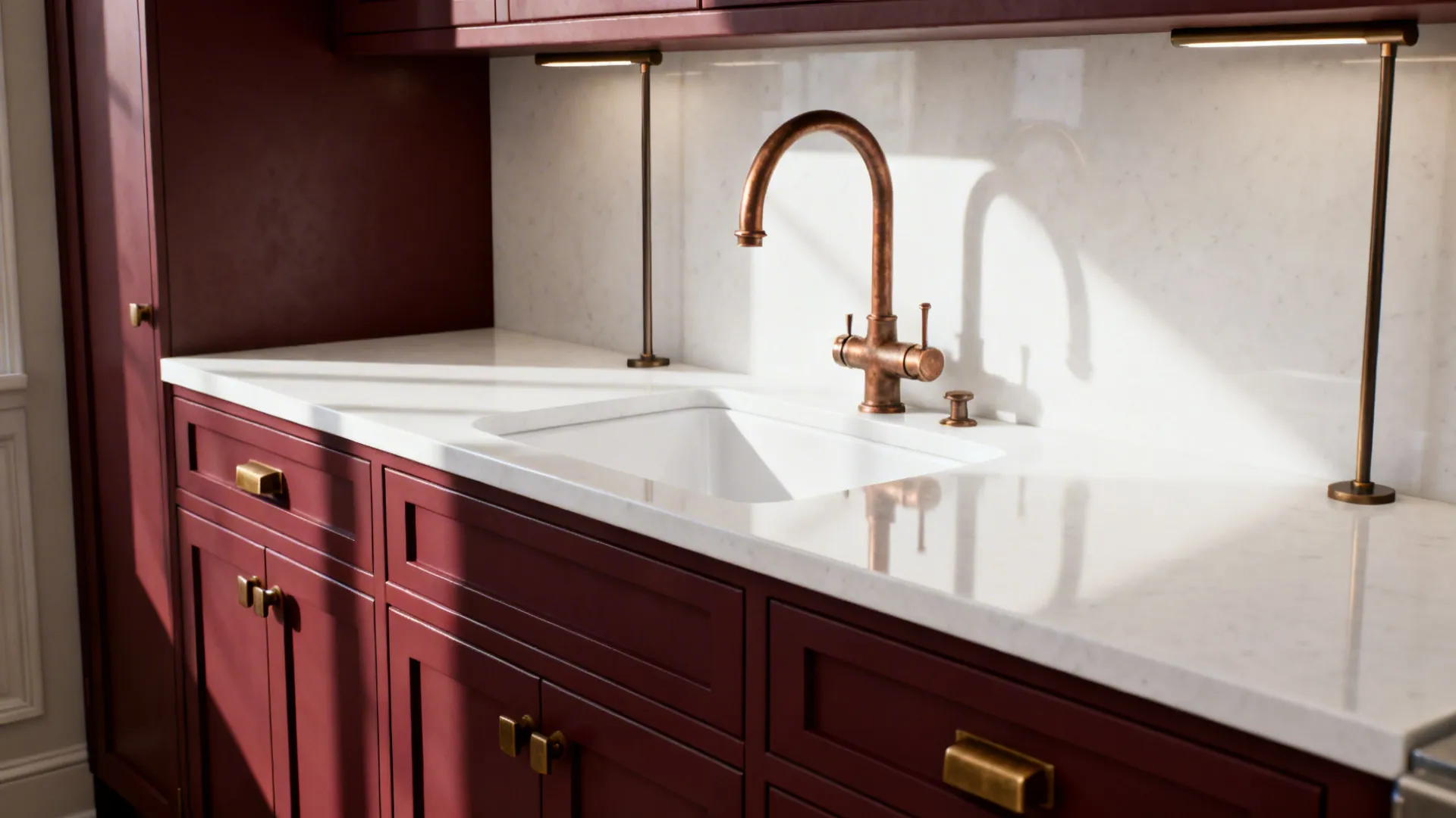 Burgundy cabinetry with brushed brass pulls and an aged bronze faucet over a white sink.