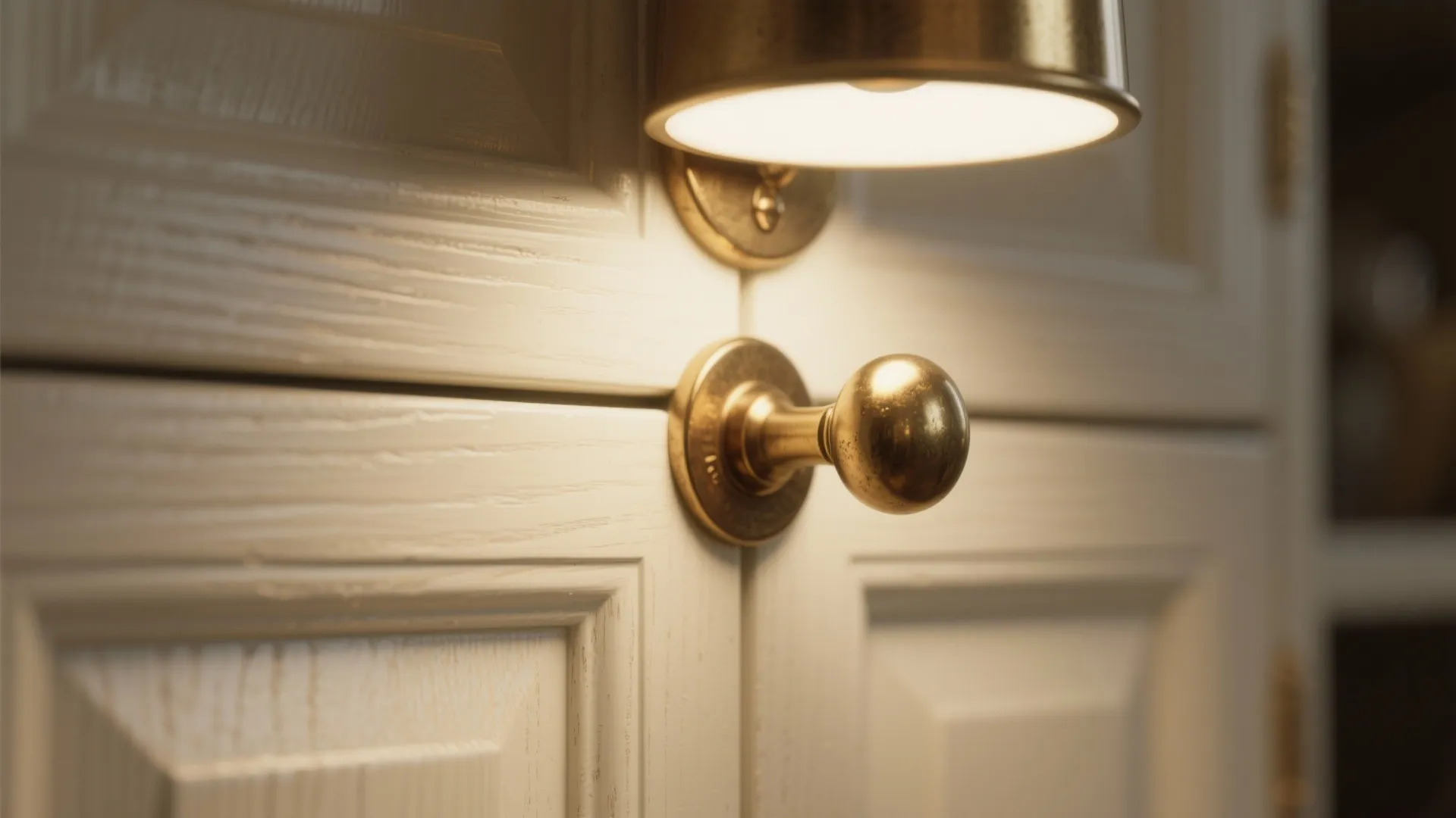 Close up of a brass door knob and wall light fixture on white wooden cabinet doors