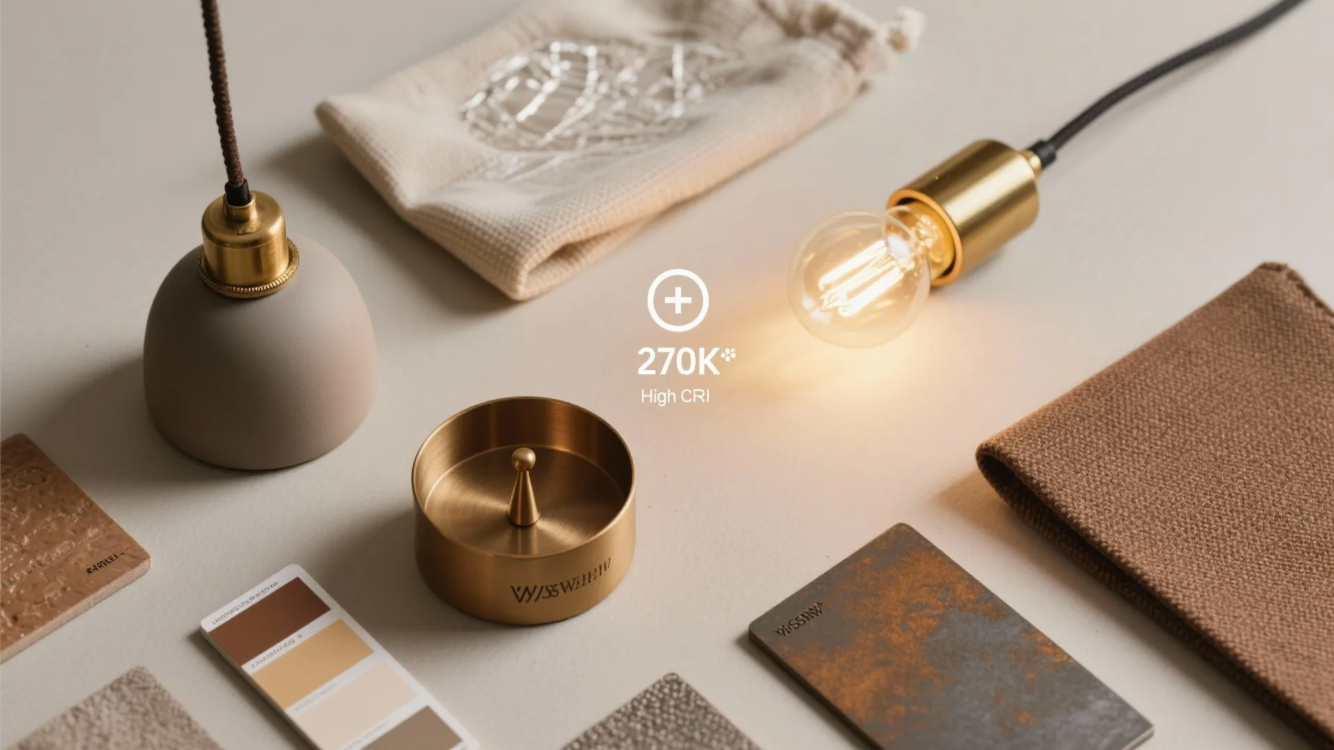 Flatlay of interior design materials showing lit bulb gold bowl fabric samples and color palette card