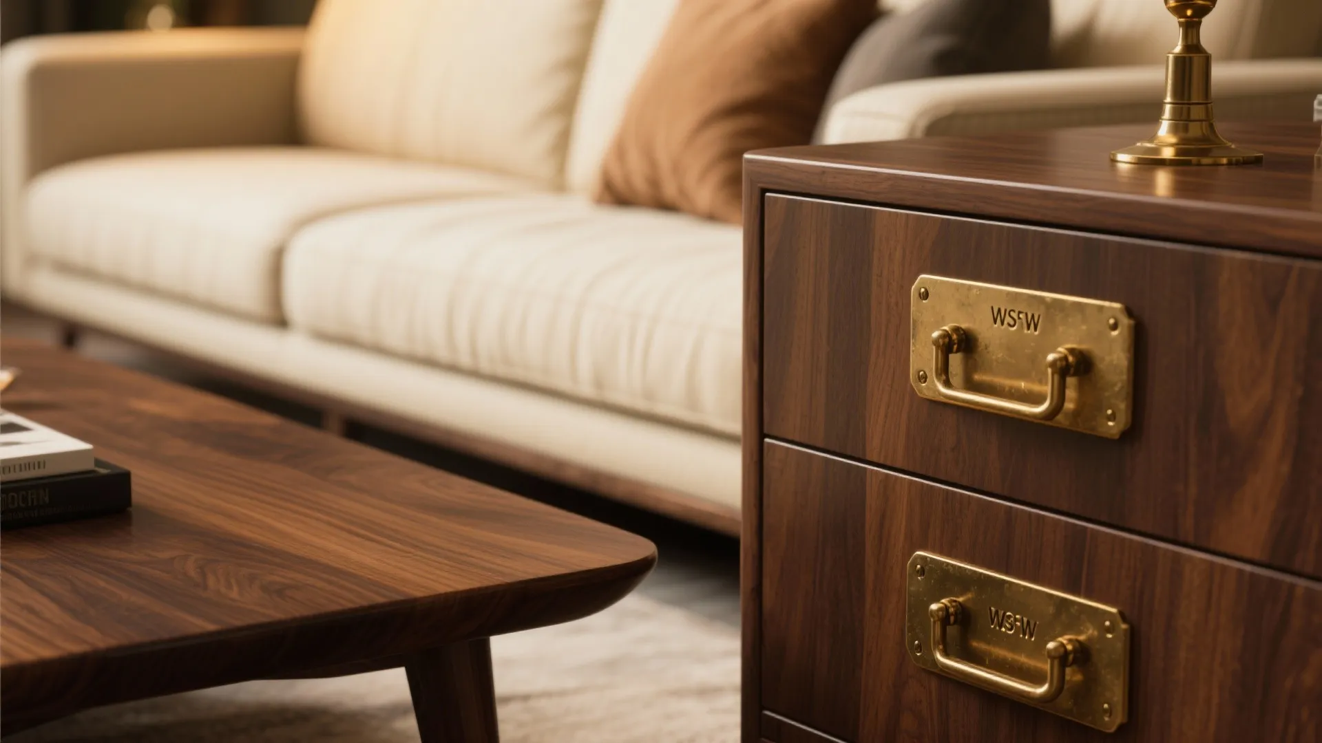 Close up of dark wood cabinet with metal handles next to a white living room sofa