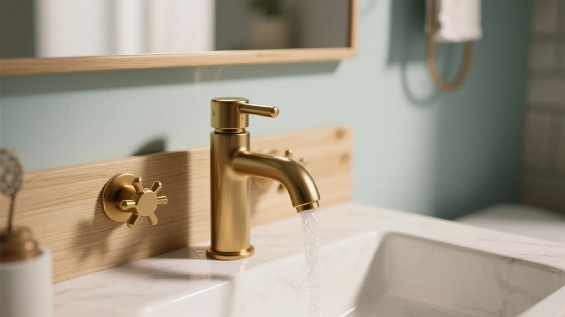 Modern gold water tap running into a white bathroom sink with wooden panel and mirror
