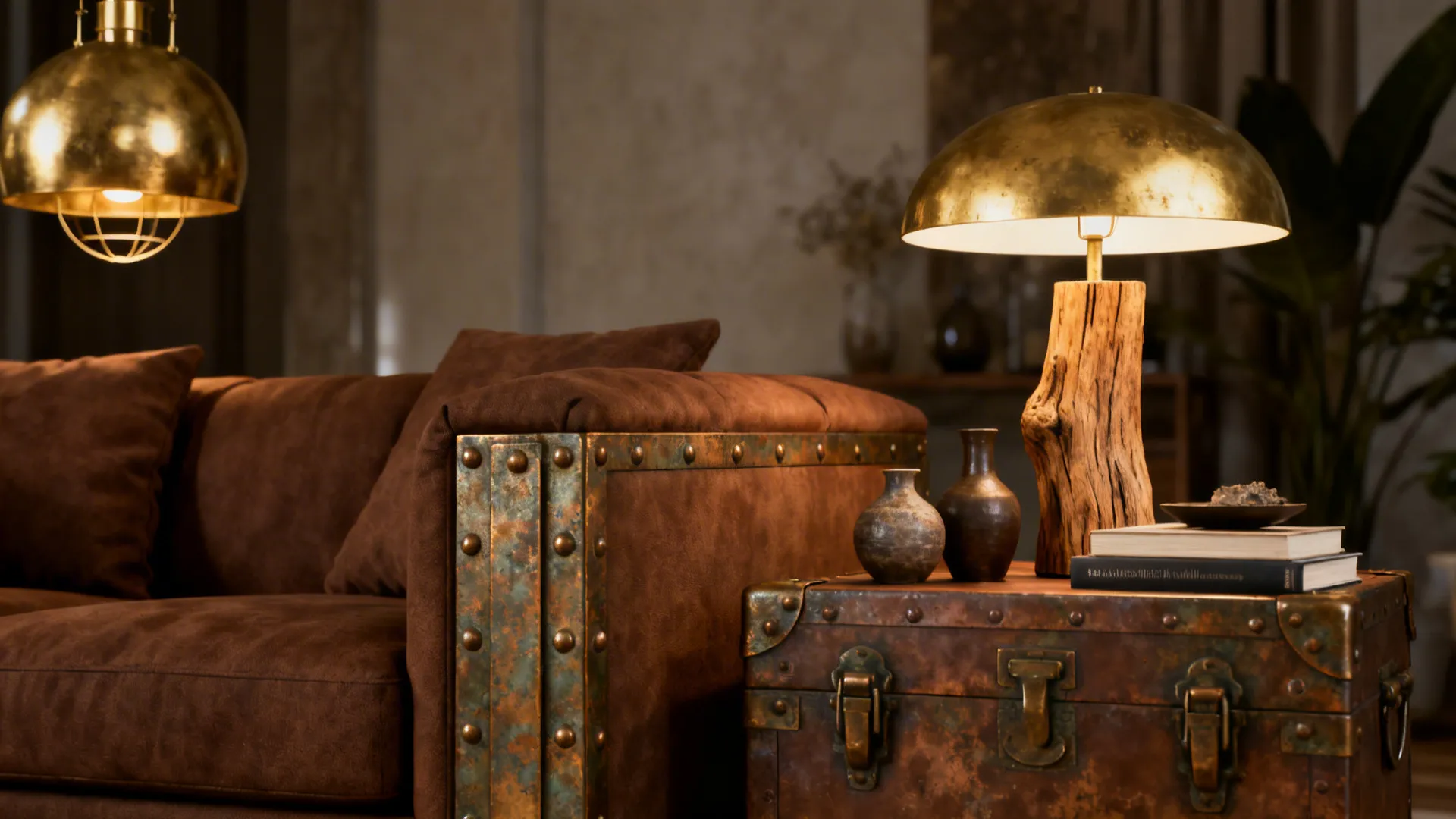 Brown sofa styled with brass lighting and a natural wood side table for a curated look.