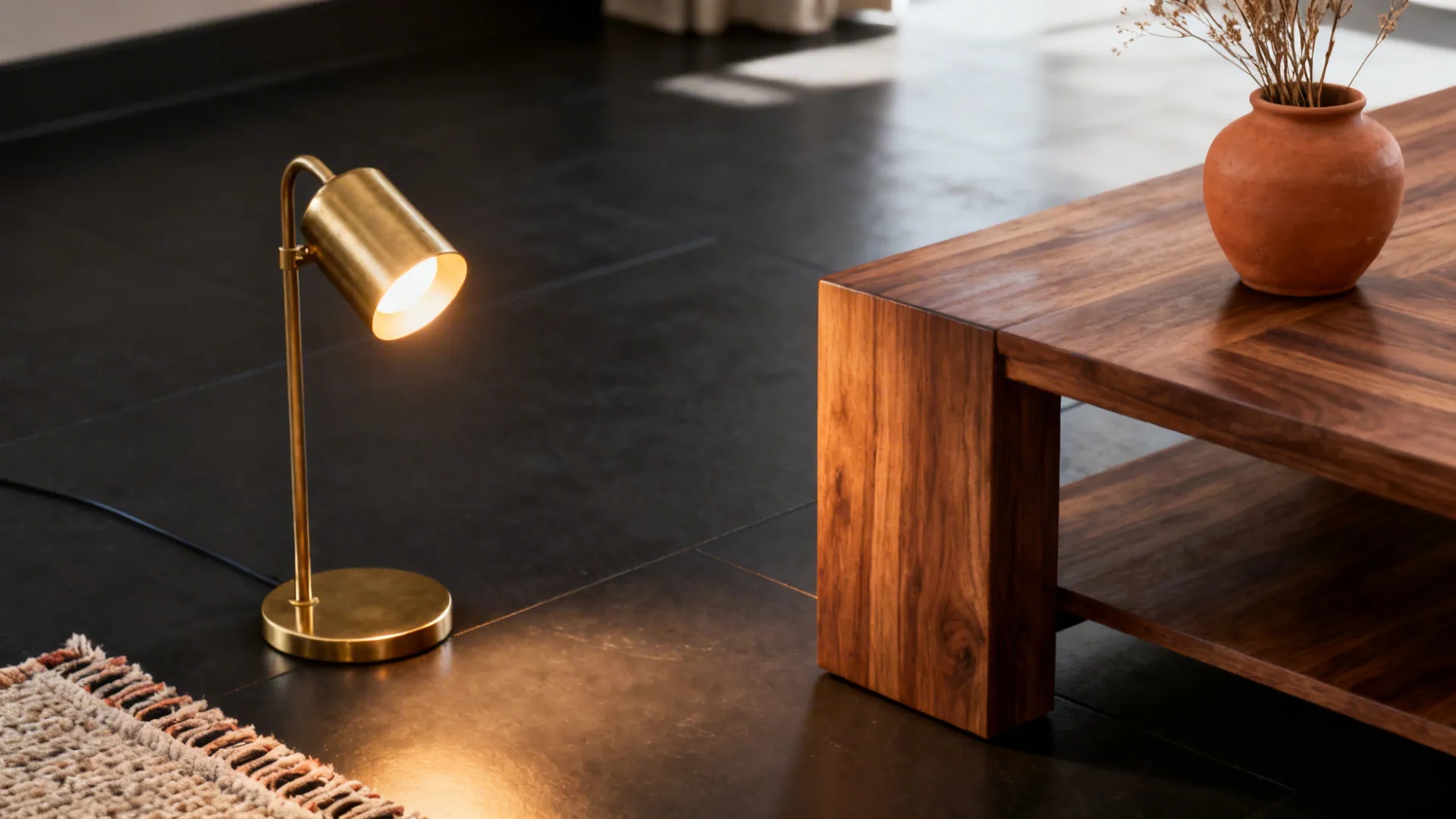 Close-up of brass light, walnut table, and terracotta accent on dark floor.