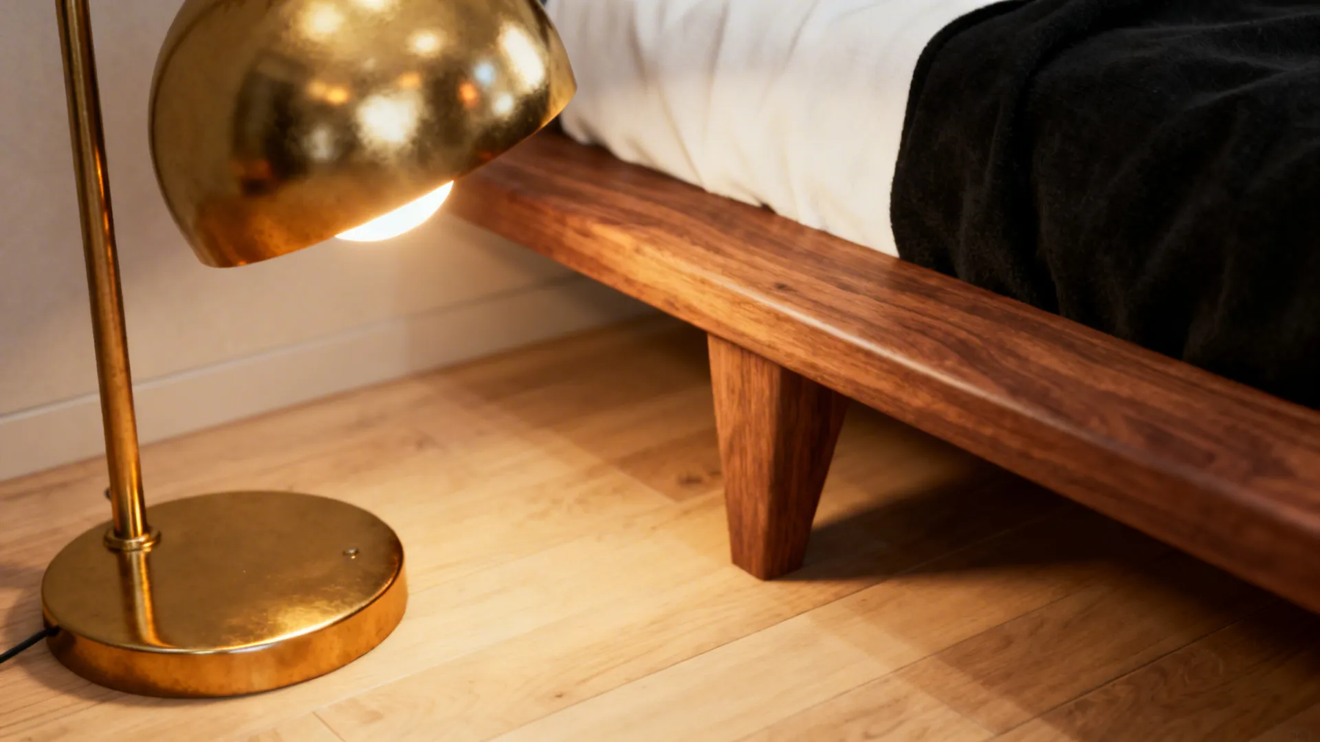 Brass bedside lamp and walnut bench softening a black-and-white palette