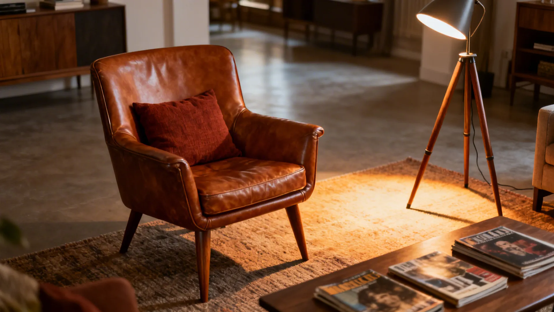 Warm mid-century lounge with vintage armchair and lamp creating depth