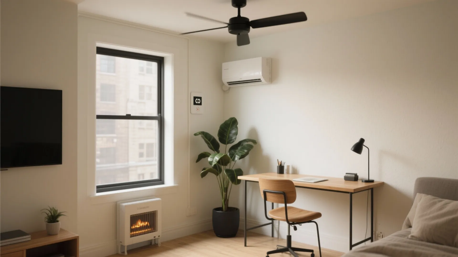 Cozy home office with wooden desk, black chair, green plant, window, and wall air conditioner