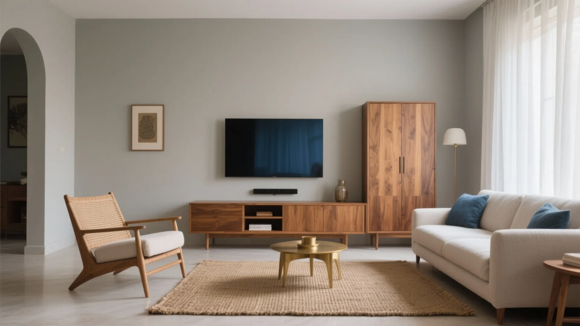 Modern living room featuring grey walls wooden cabinet white sofa gold coffee table and television