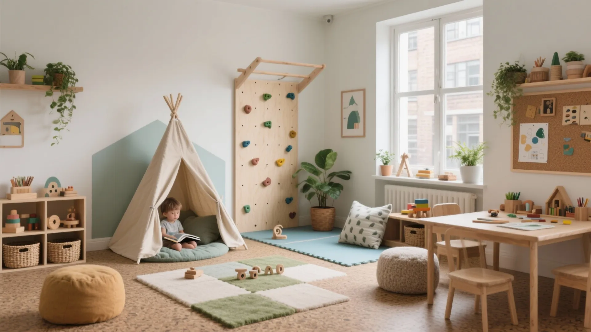 Children playroom with climbing wall small tent wooden table chairs plants and natural window light