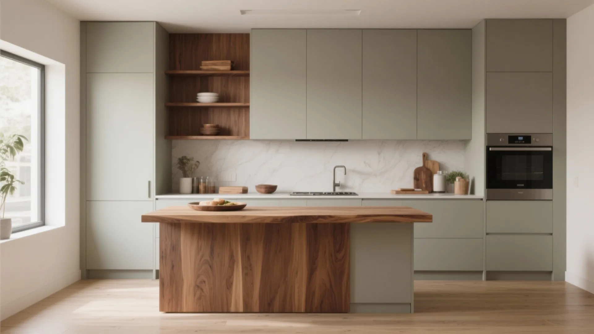 4. Mix warm materials with minimalist cabinets