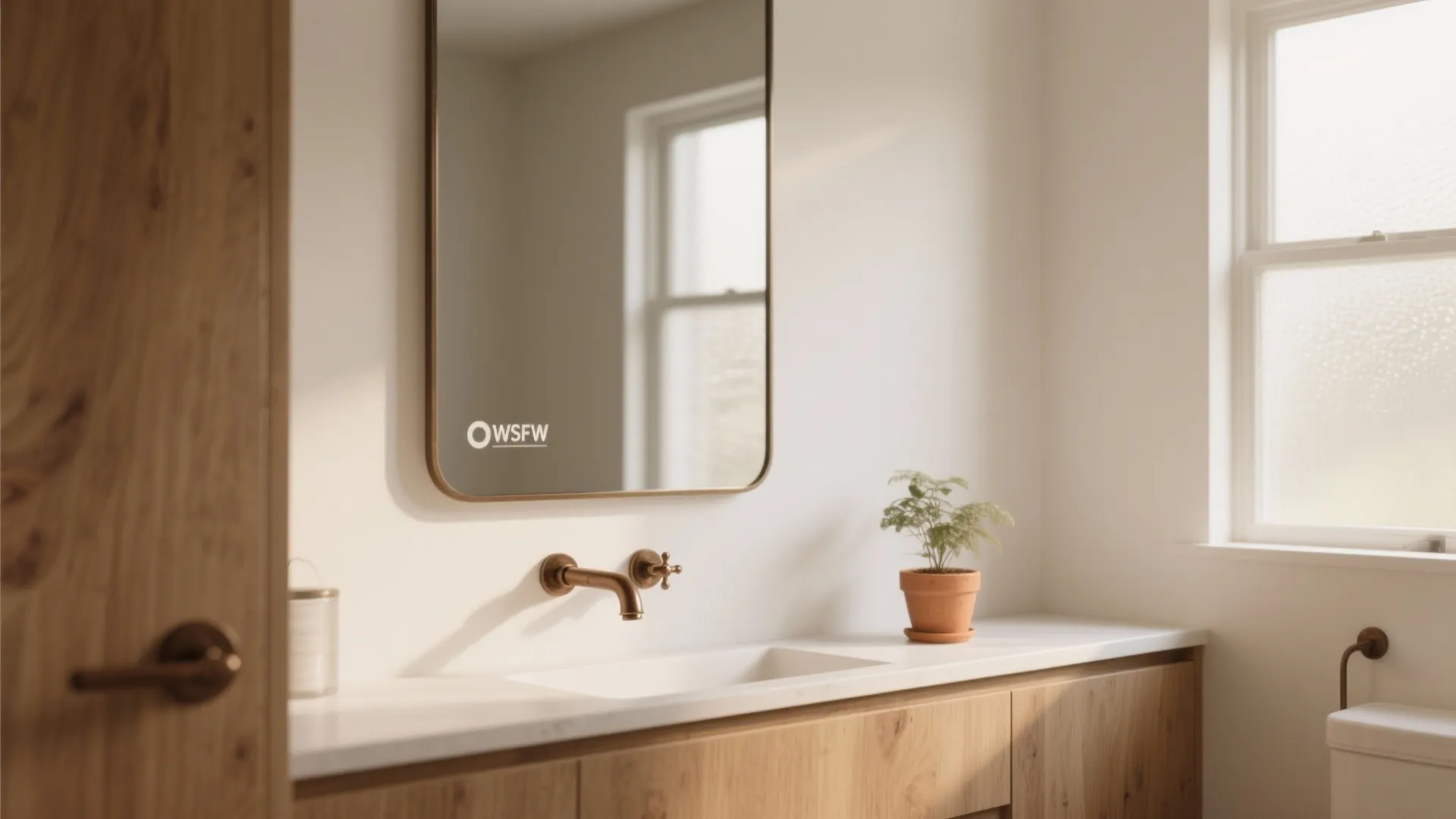 Modern bathroom with light wood cabinet white countertop bronze wall faucet mirror and small green plant